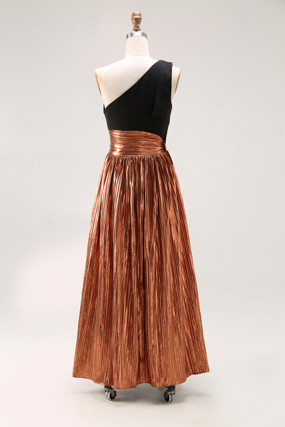 Evening Formal Dress Black-Gold Colorblock One-Shoulder Metallic Maxi Dress