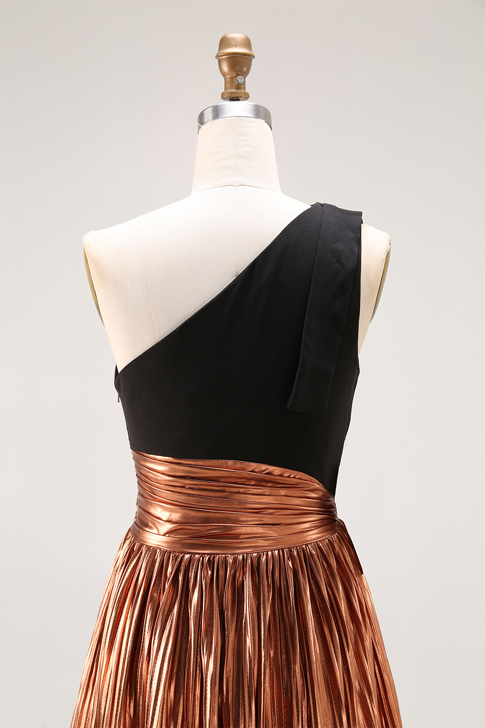 Evening Formal Dress Black-Gold Colorblock One-Shoulder Metallic Maxi Dress