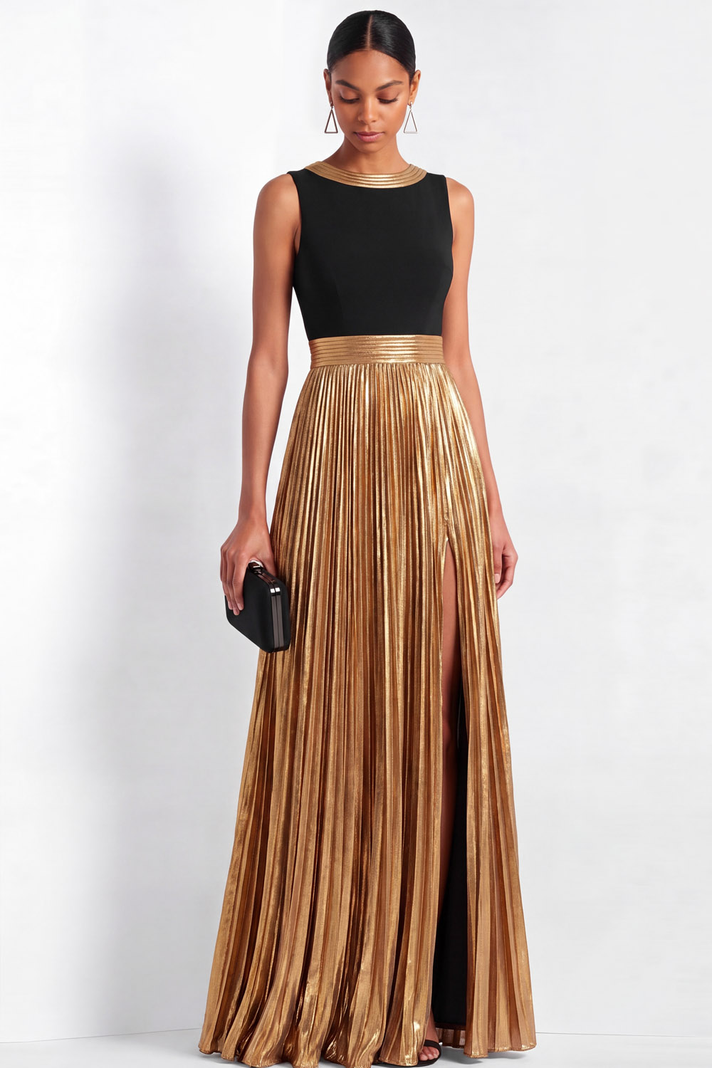 Evening Formal Dress Black Gold Round Neck Sleeveless Pleated Maxi Dress