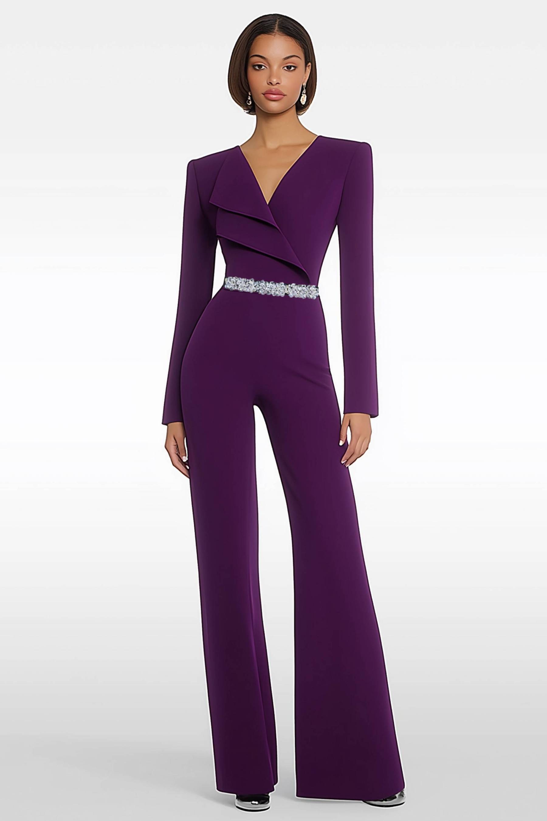 Semi-Formal Party Jumpsuit Purple Long Sleeve V-neck Bell Bottom Pants