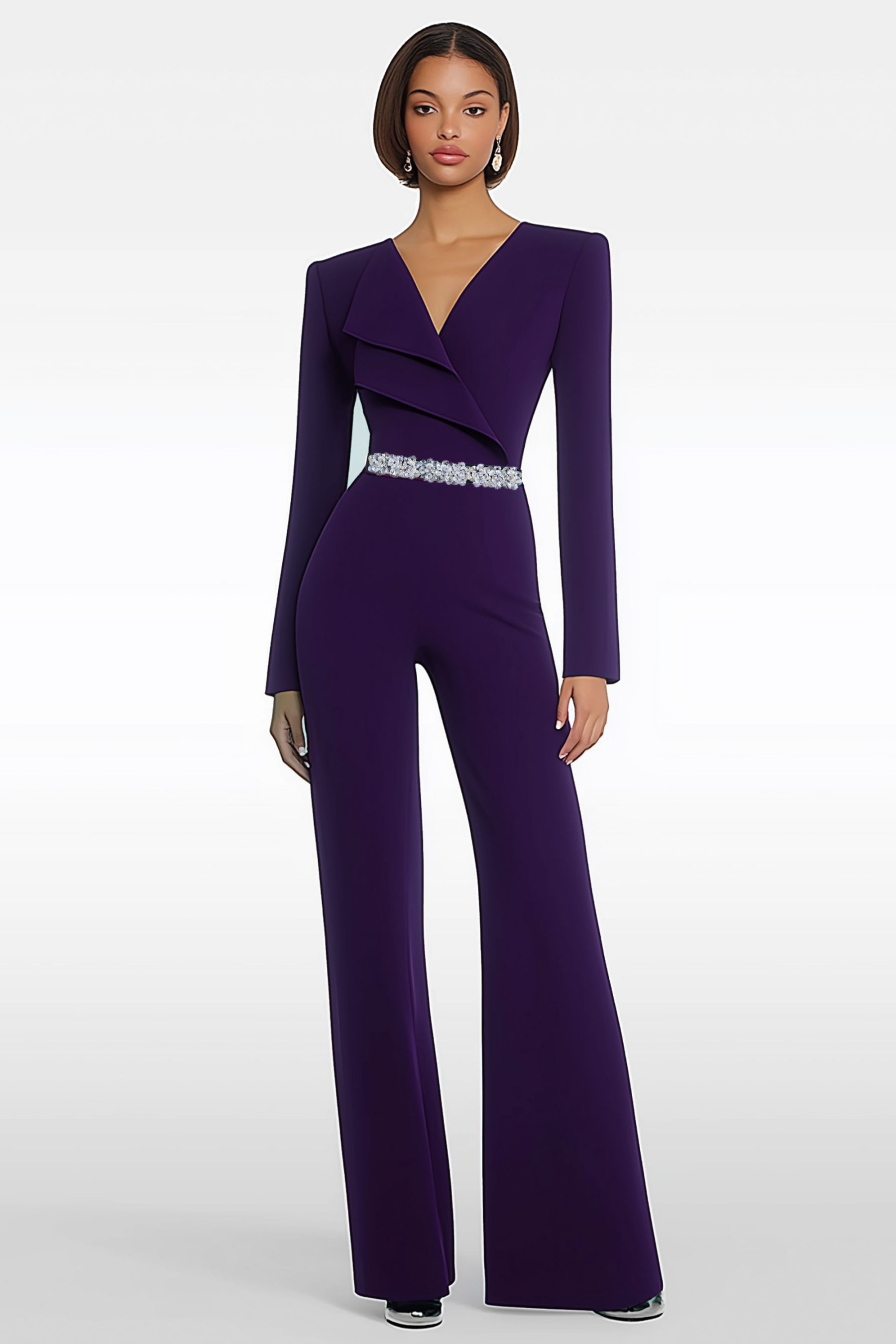 Semi-Formal Party Jumpsuit Purple Long Sleeve V-neck Bell Bottom Pants