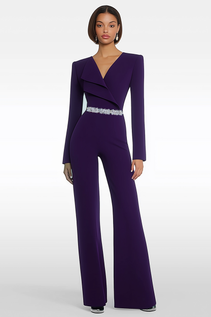 Semi-Formal Party Jumpsuit Purple Long Sleeve V-neck Bell Bottom Pants