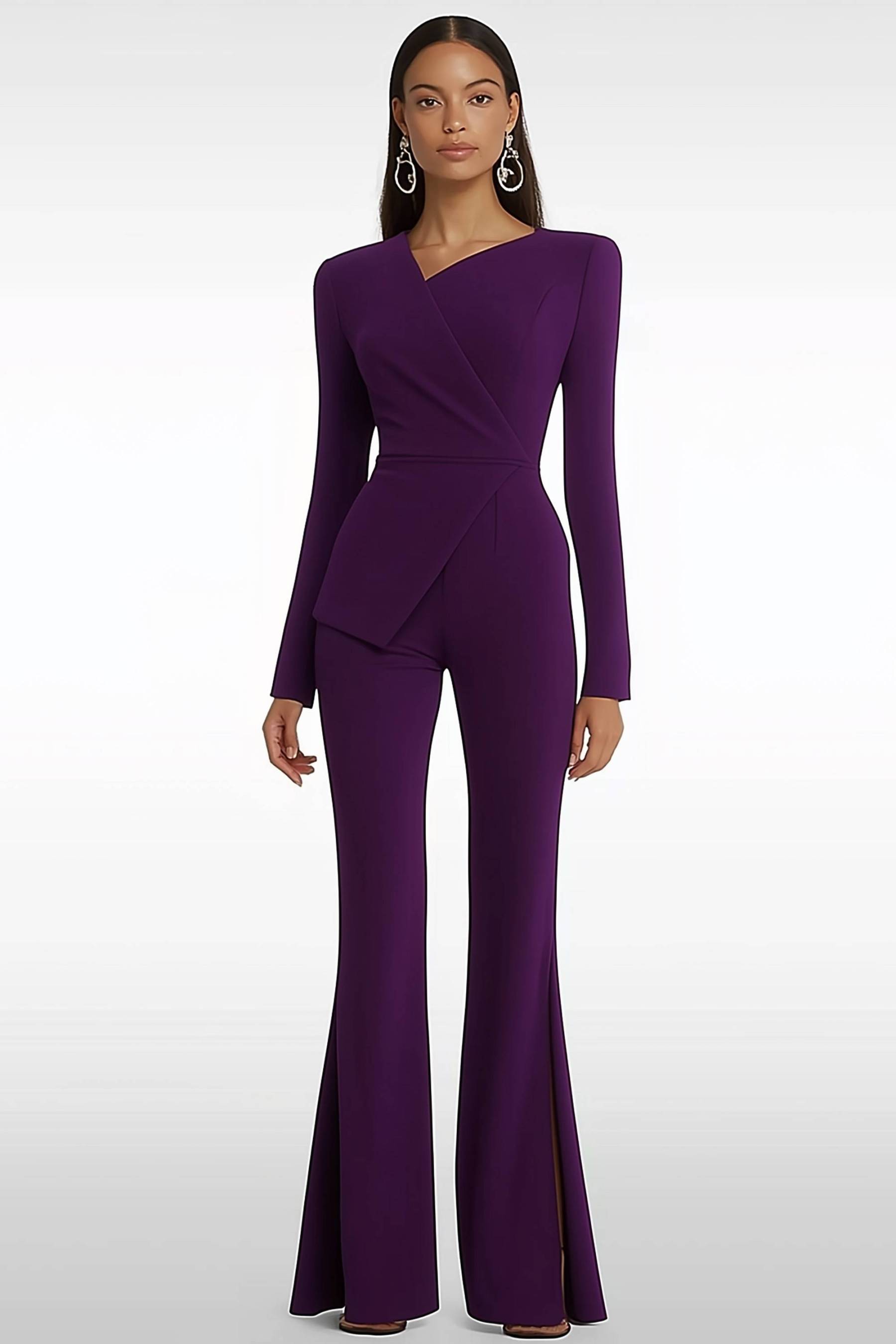 Semi-Formal Jumpsuit Purple Long Sleeve Slit Bell Bottom Pants