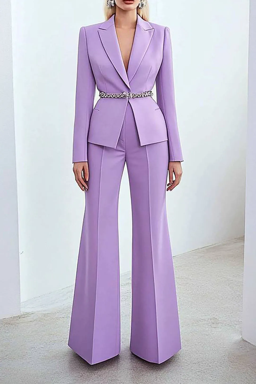 Semi-Formal Party Suit Purple Long Sleeve Belt Wide-Legged Pants Set