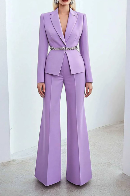 Semi-Formal Party Suit Purple Long Sleeve Belt Wide-Legged Pants Set
