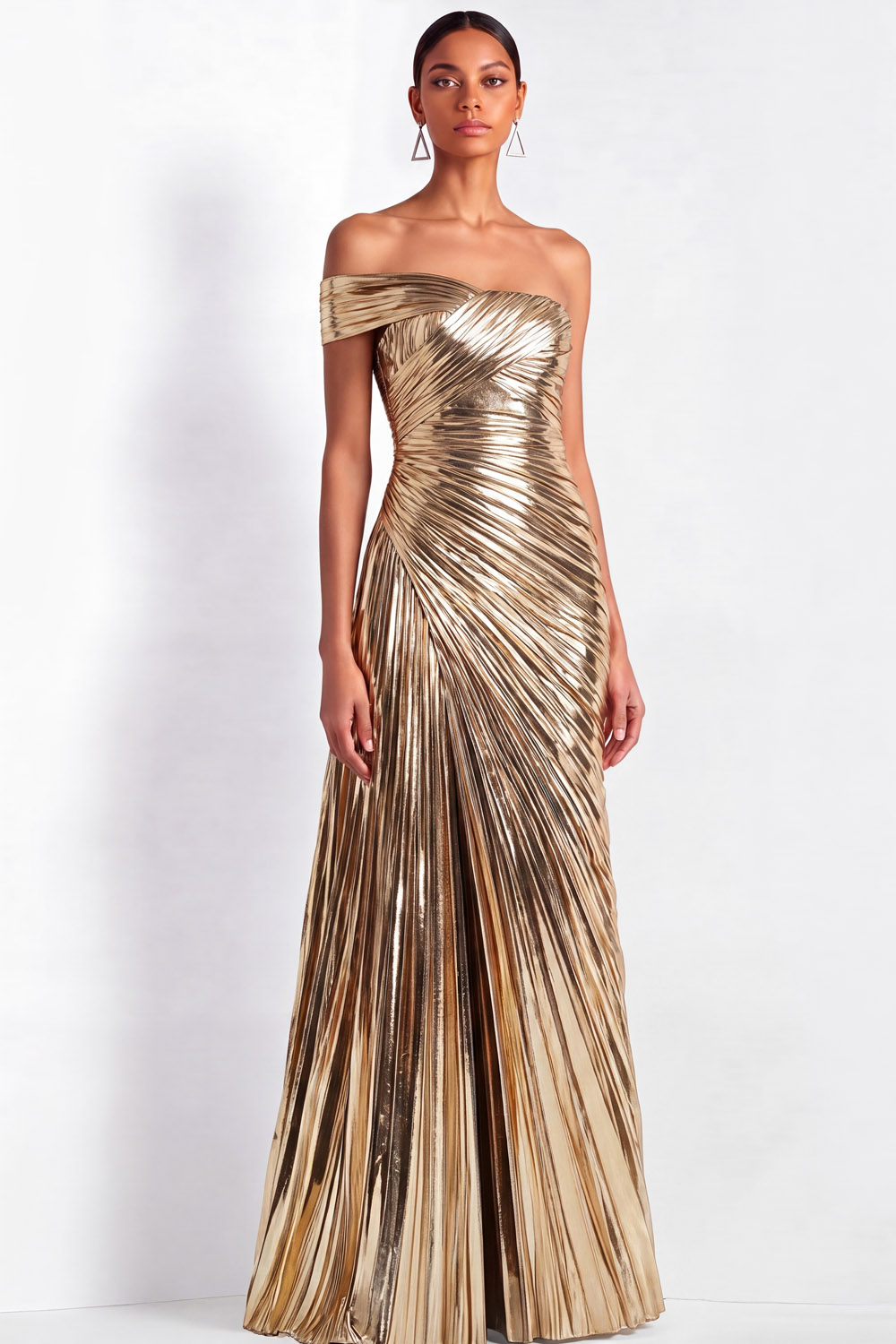 Evening Dress Gold Metallic One-Shoulder Pleated Maxi Dress