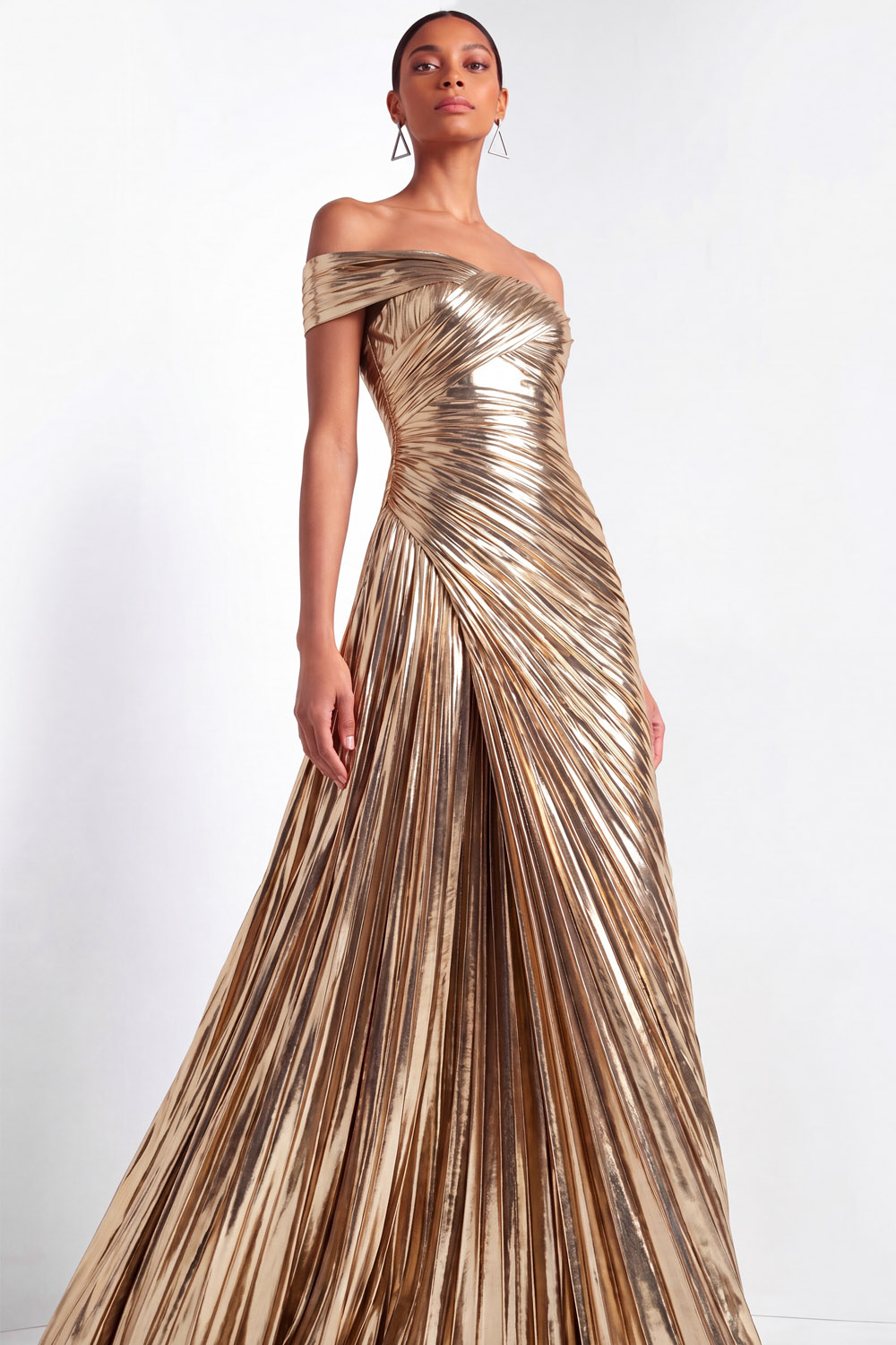 Evening Dress Gold Metallic One-Shoulder Pleated Maxi Dress