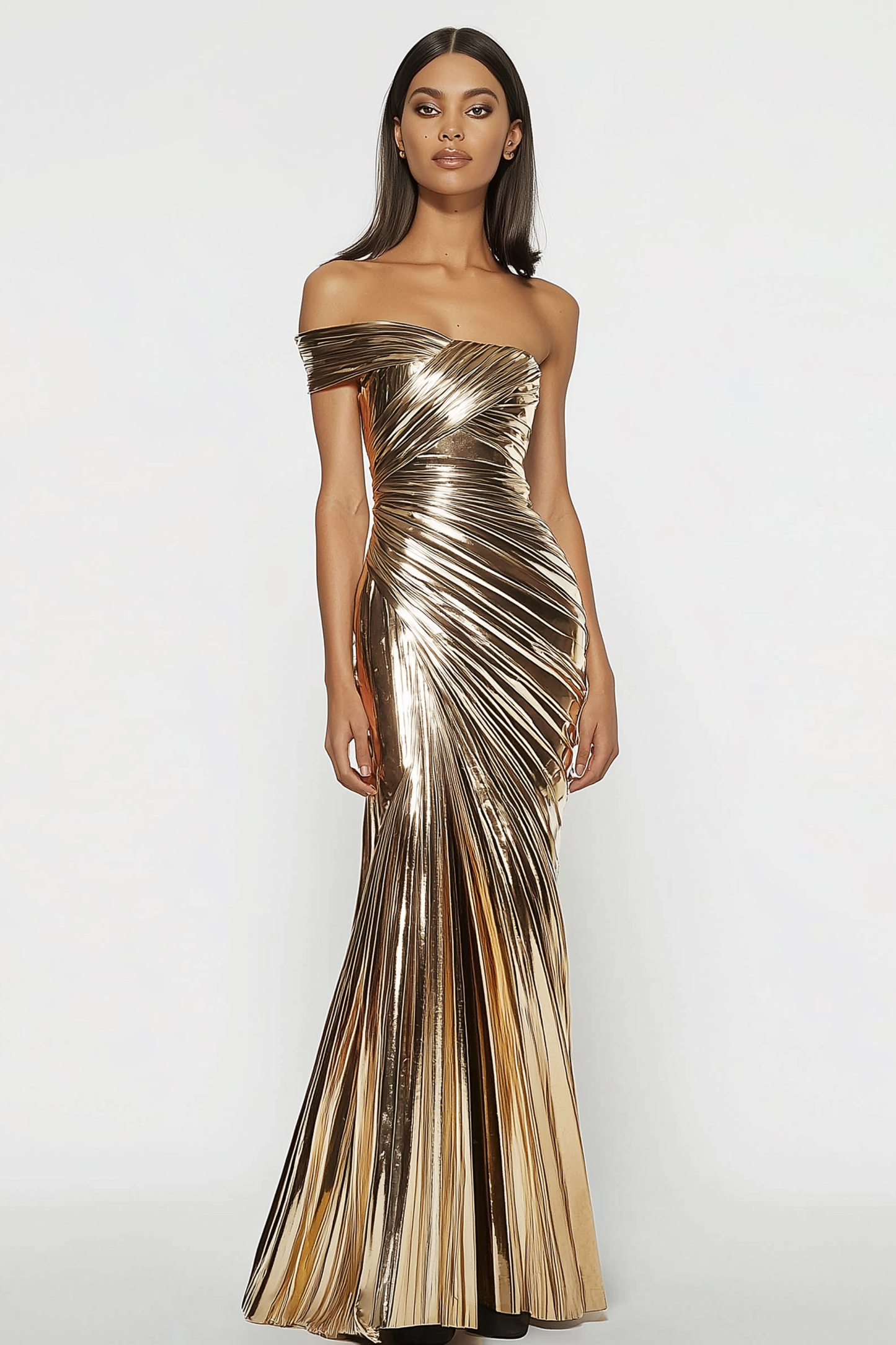 Evening Dress Gold Metallic One-Shoulder Pleated Floor-Length Dress
