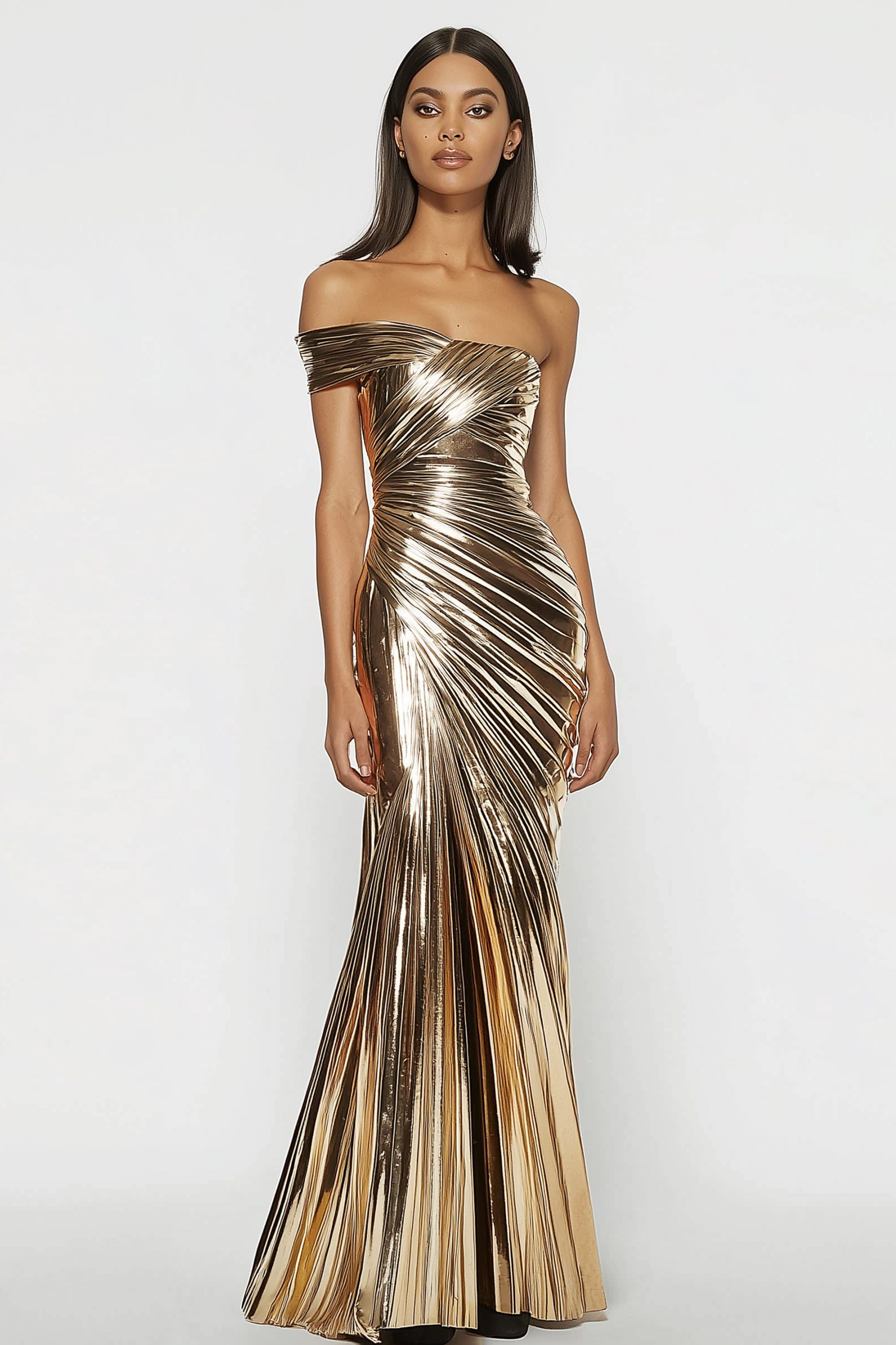 Evening Dress Gold Metallic One-Shoulder Pleated Floor-Length Dress