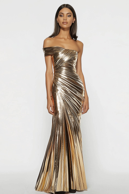 Evening Dress Gold Metallic One-Shoulder Pleated Floor-Length Dress