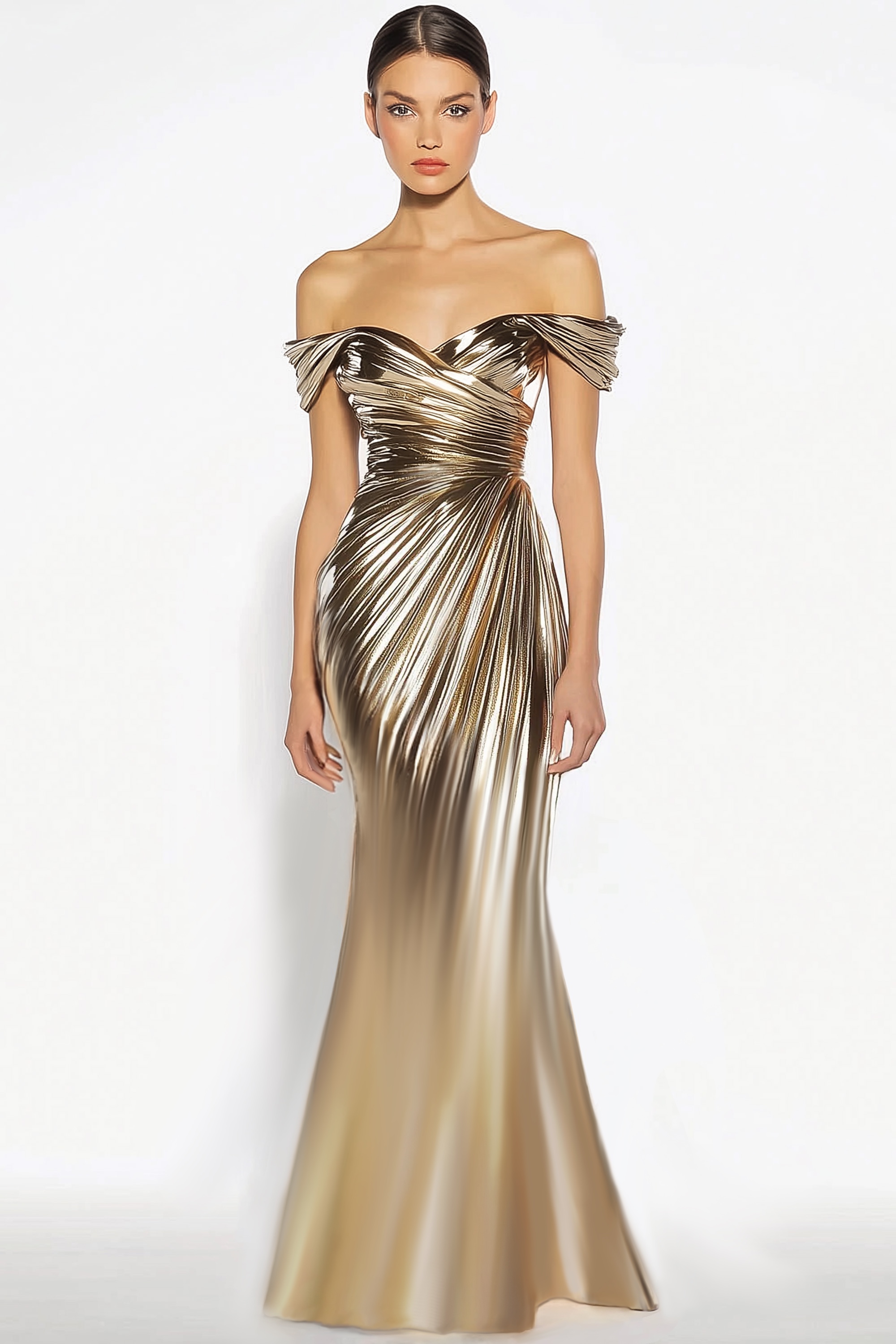 Party Evening Dress Gold Metallic One-Shoulder Pleated Floor-Length Dress