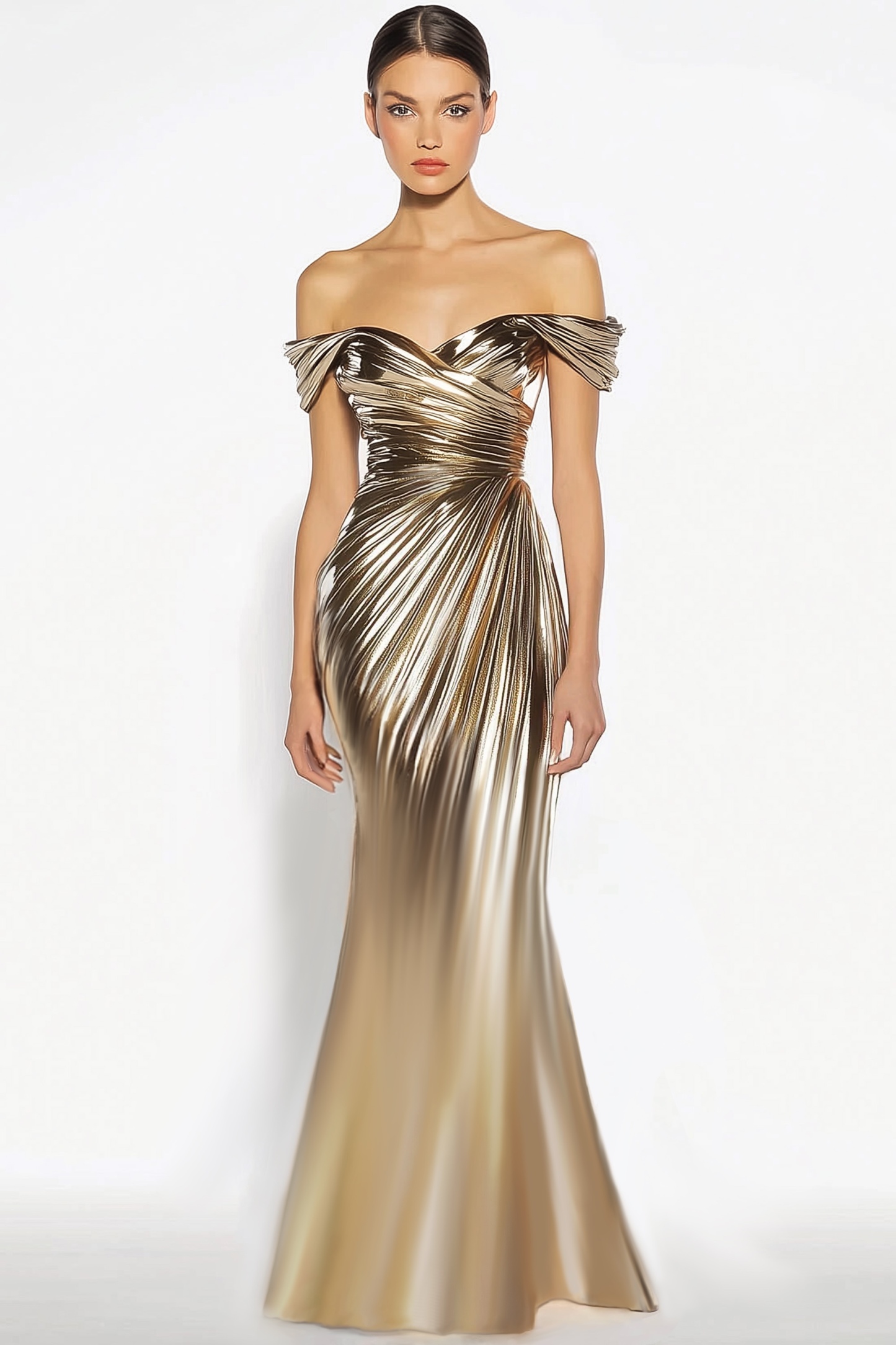 Party Evening Dress Gold Metallic One-Shoulder Pleated Floor-Length Dress