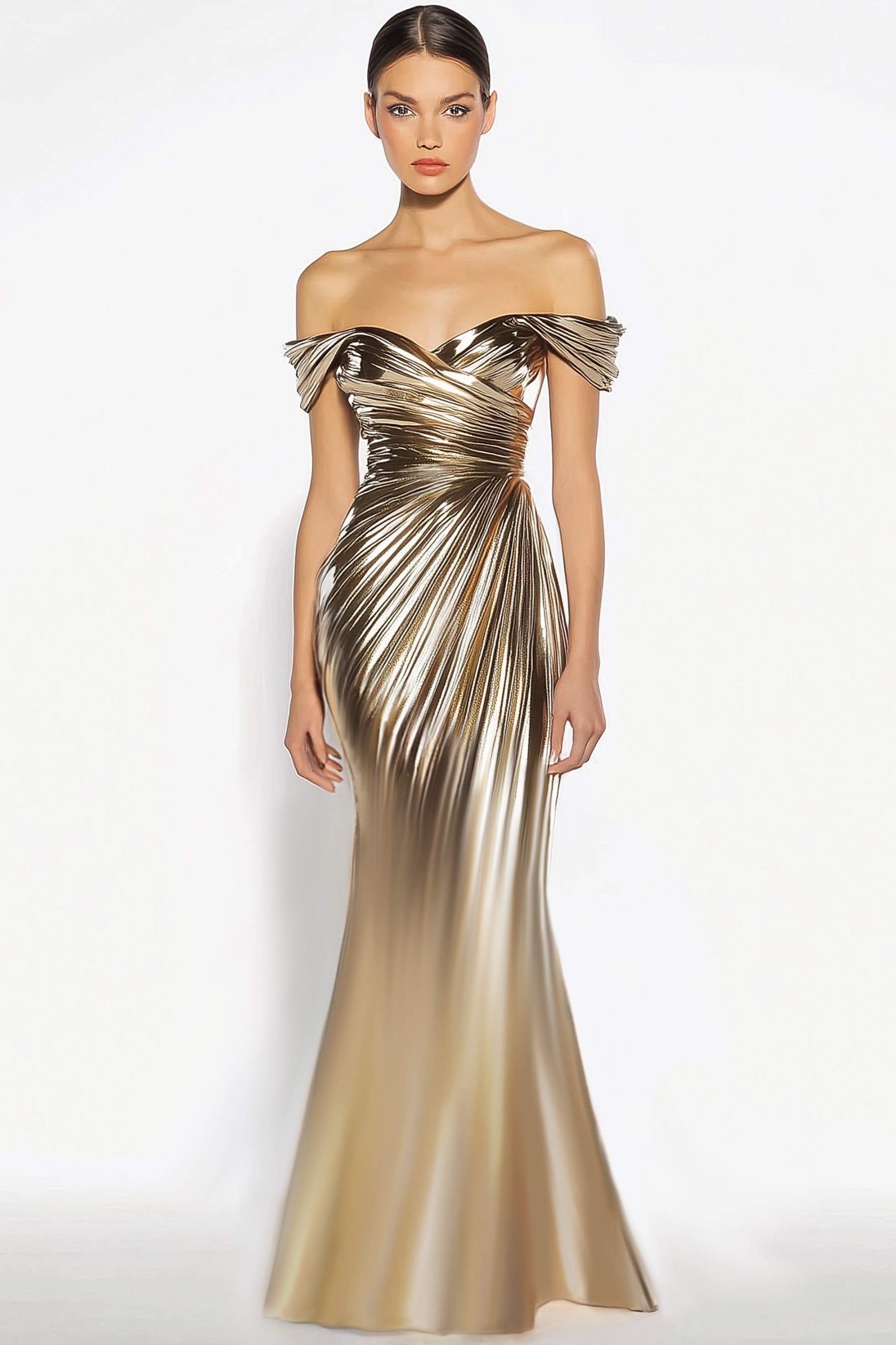 Party Evening Dress Gold Metallic One-Shoulder Pleated Floor-Length Dress