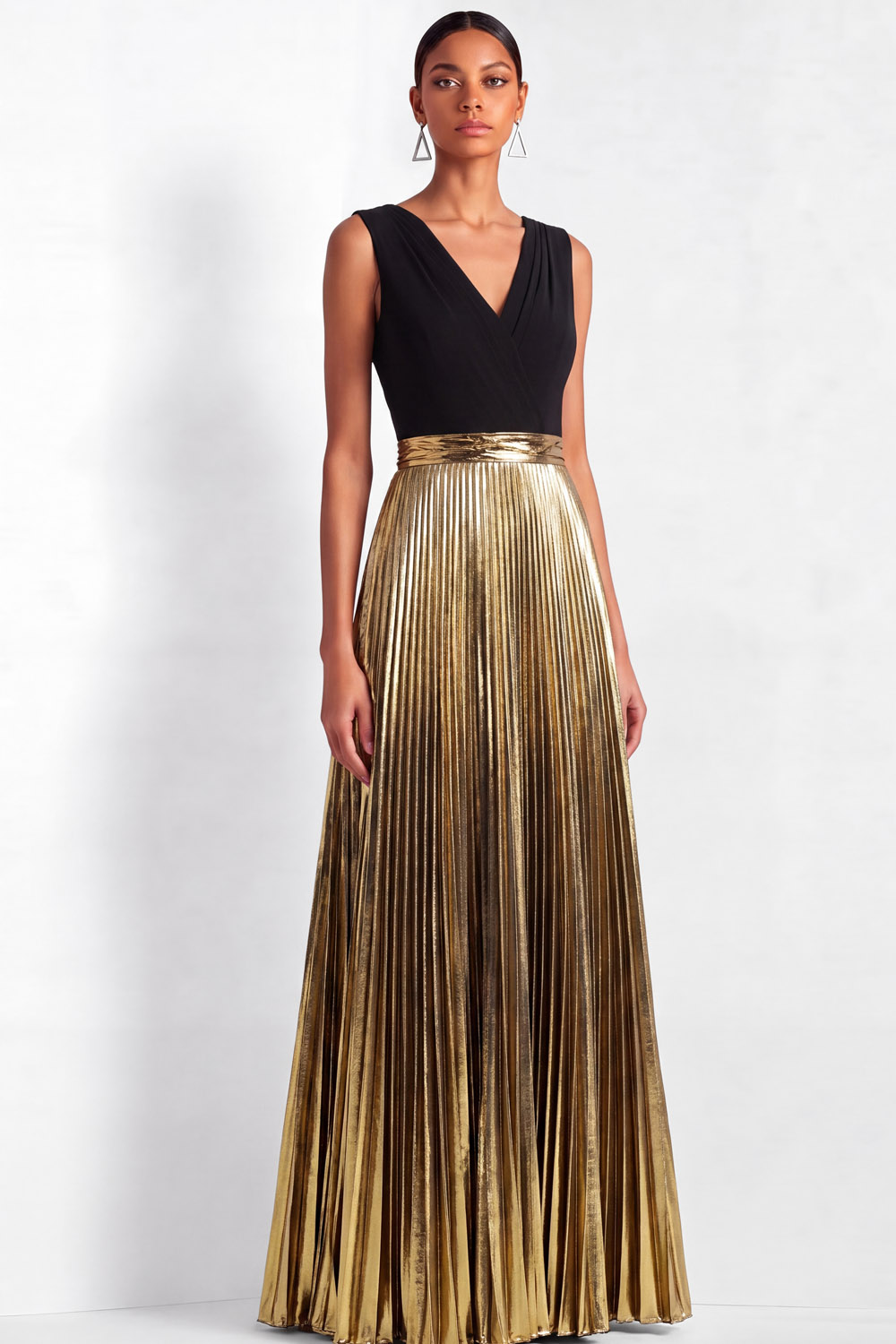 Evening Formal Dress Black-Gold V-neck Metallic Pleated Maxi Dress