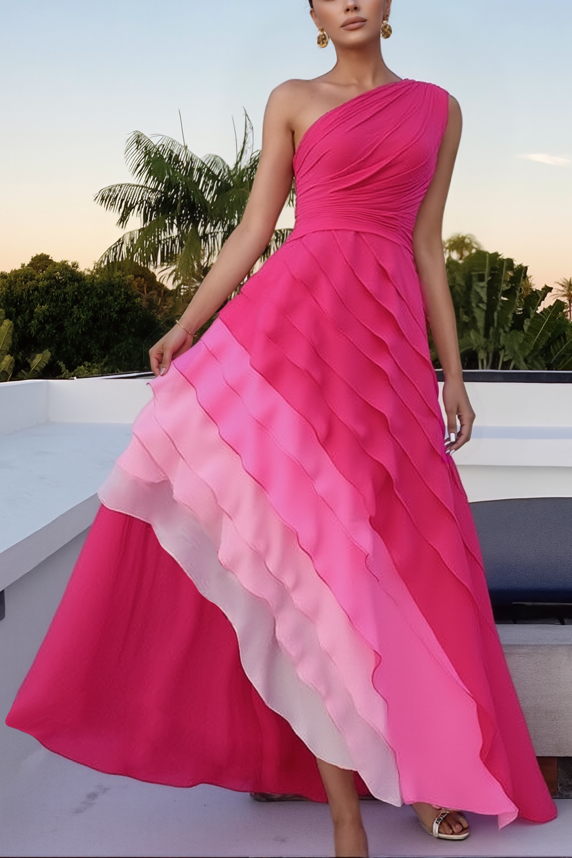 Evening Formal Gradient Dress Fuchsia Sleeveless Maxi Gown