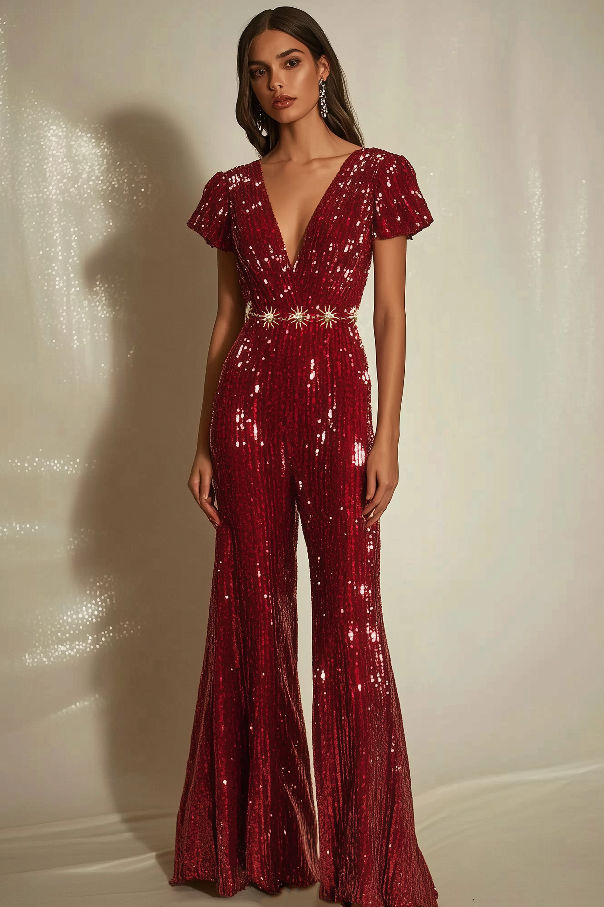 Party Sequin Jumpsuit Red V-neck Short Sleeve Bell Bottom Pants