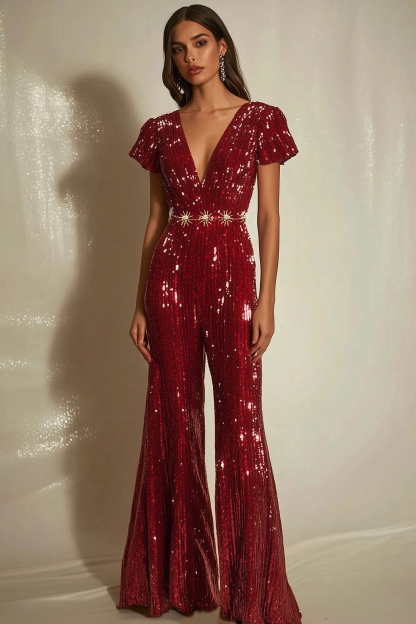 Party Sequin Jumpsuit Red V-neck Short Sleeve Bell Bottom Pants