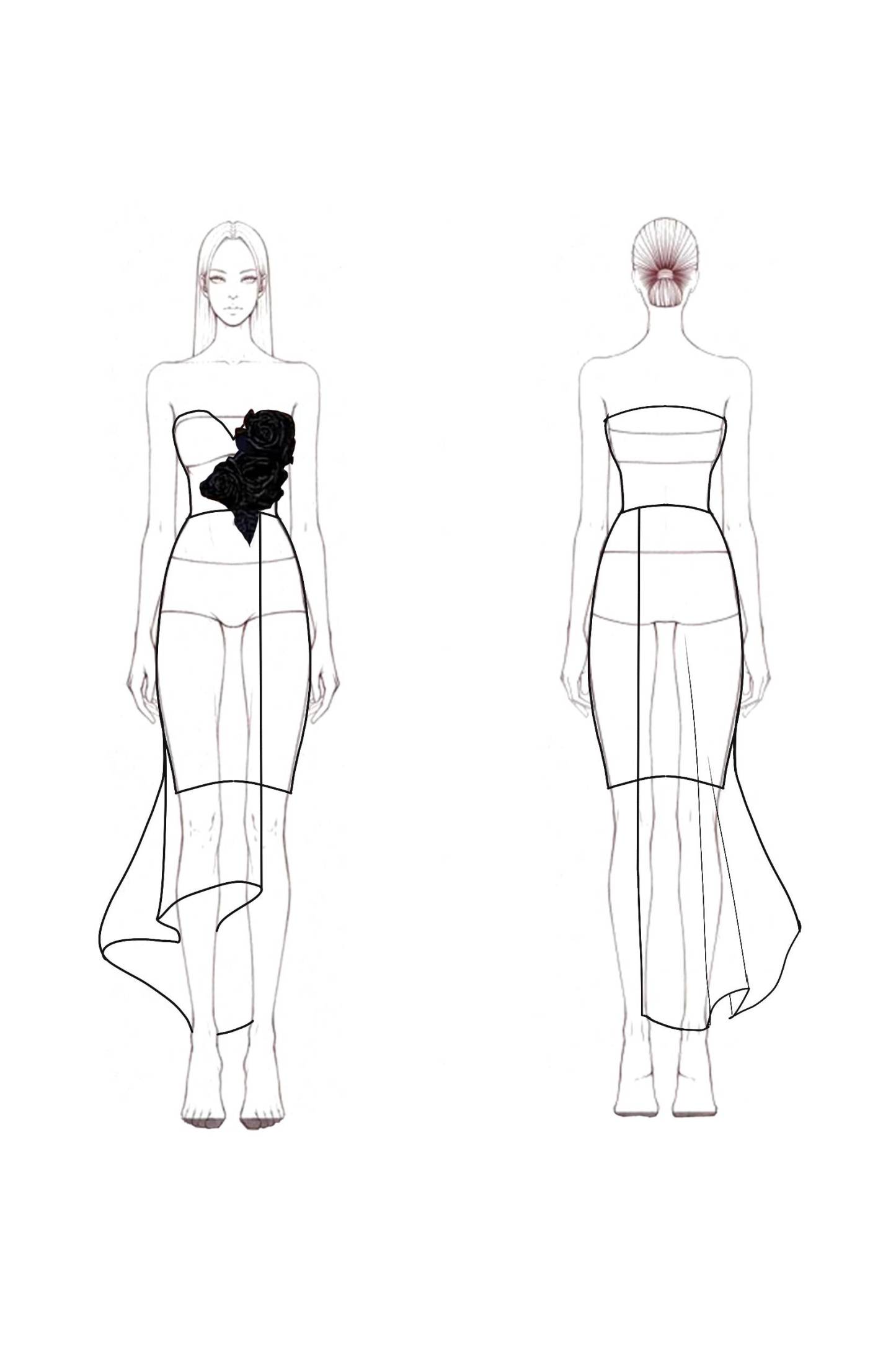 Cocktail Party Dress Black Strapless Flower Detail Asymmetrical Midi Dress