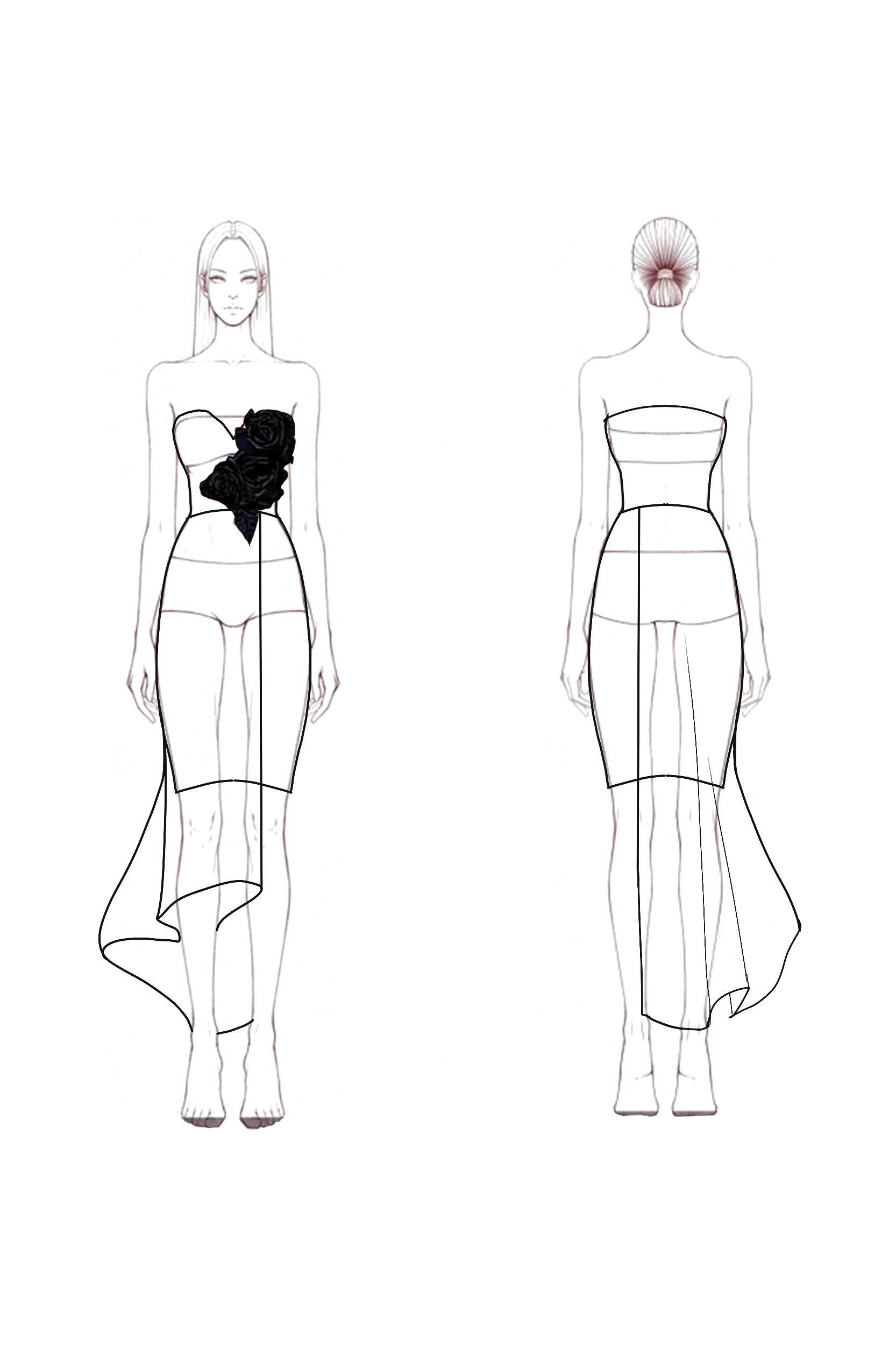 Cocktail Party Dress Black Strapless Flower Detail Asymmetrical Midi Dress