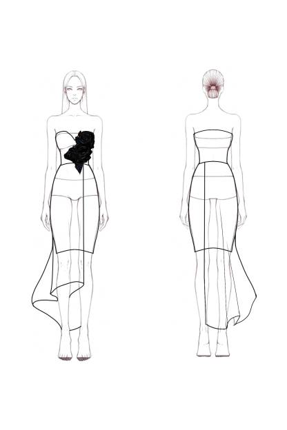 Cocktail Party Dress Black Strapless Flower Detail Asymmetrical Midi Dress