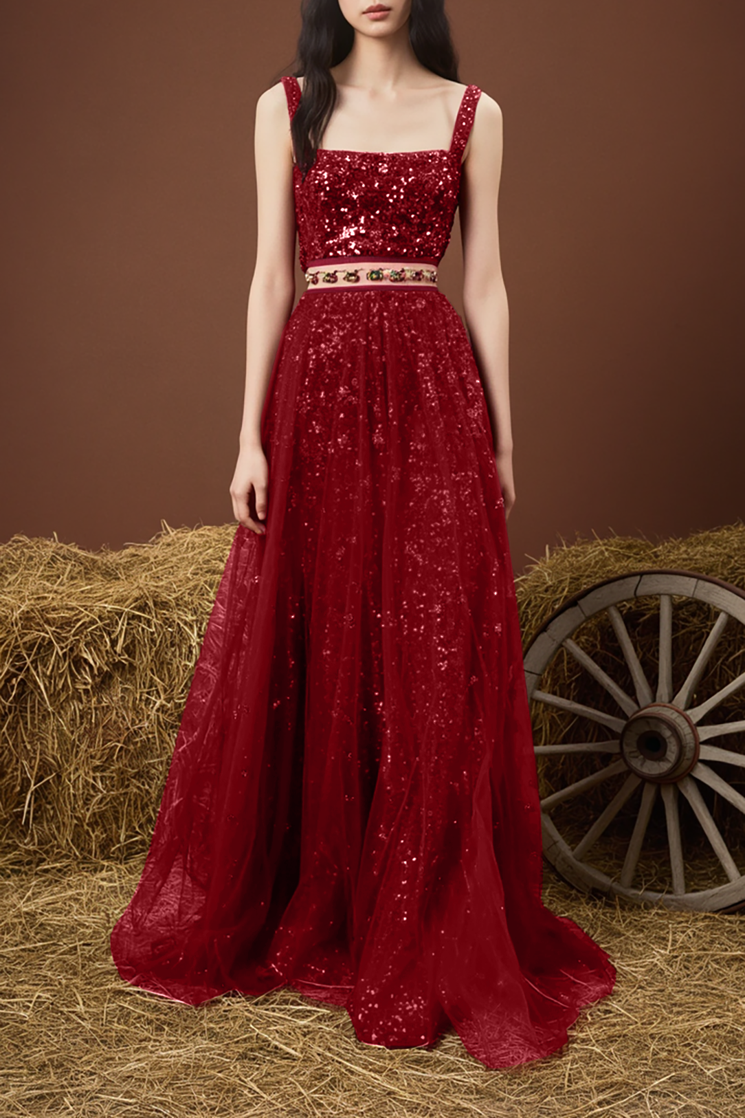 Evening Sequin Dress Red Spaghetti Straps Mesh Floor-Length Gown