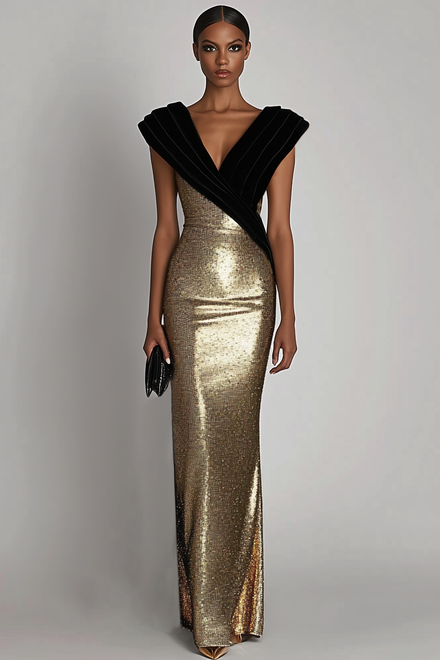Evening Sequin Dress Black-Goldk V-Neck Sleeveless Floor-Length Gown