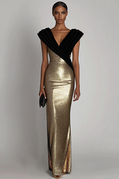 Evening Sequin Dress Black-Goldk V-Neck Sleeveless Floor-Length Gown