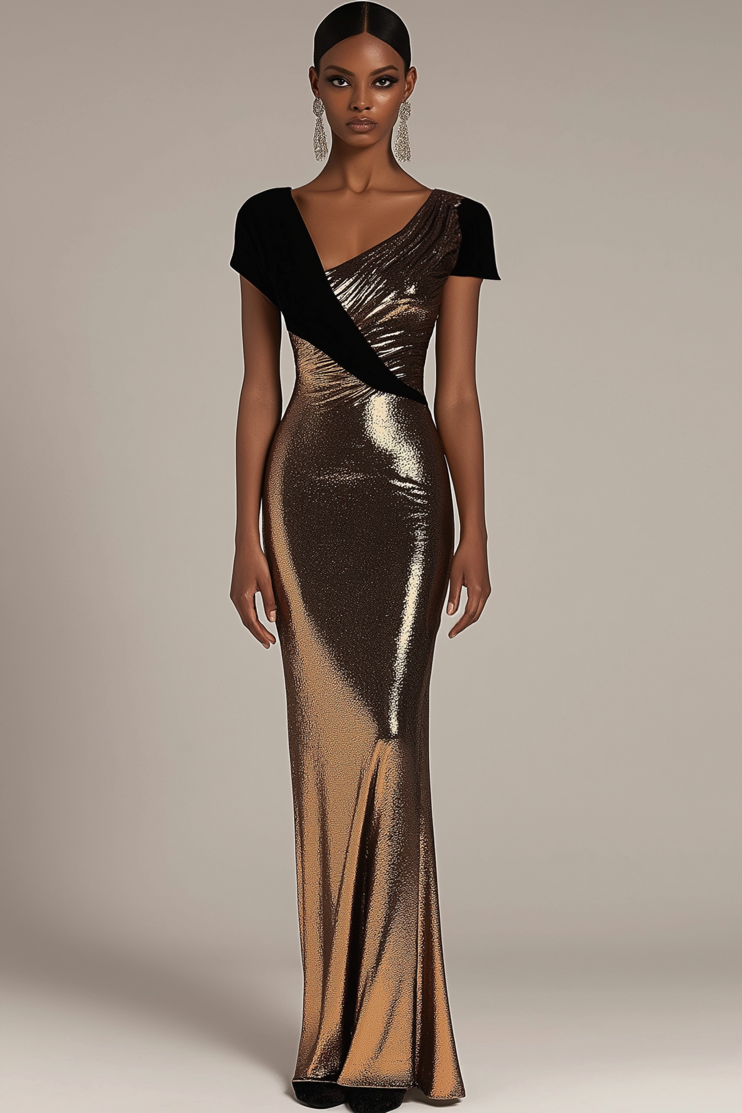 Evening Formal Dress Black-Gold Metallic Asymmetric Floor-Length Gown