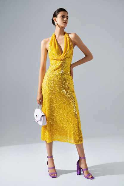 Cocktail Party Halter Dress Yellow Sequin Sleeveless Midi Dress