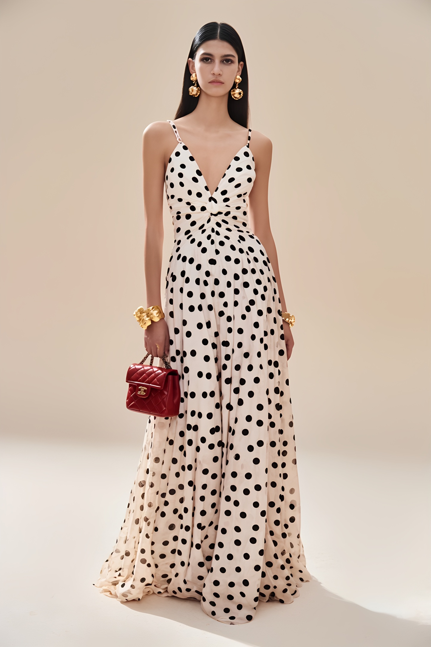 Holiday Party White Dress Spaghetti Strap Black Polka Dot Floor-Length Gown