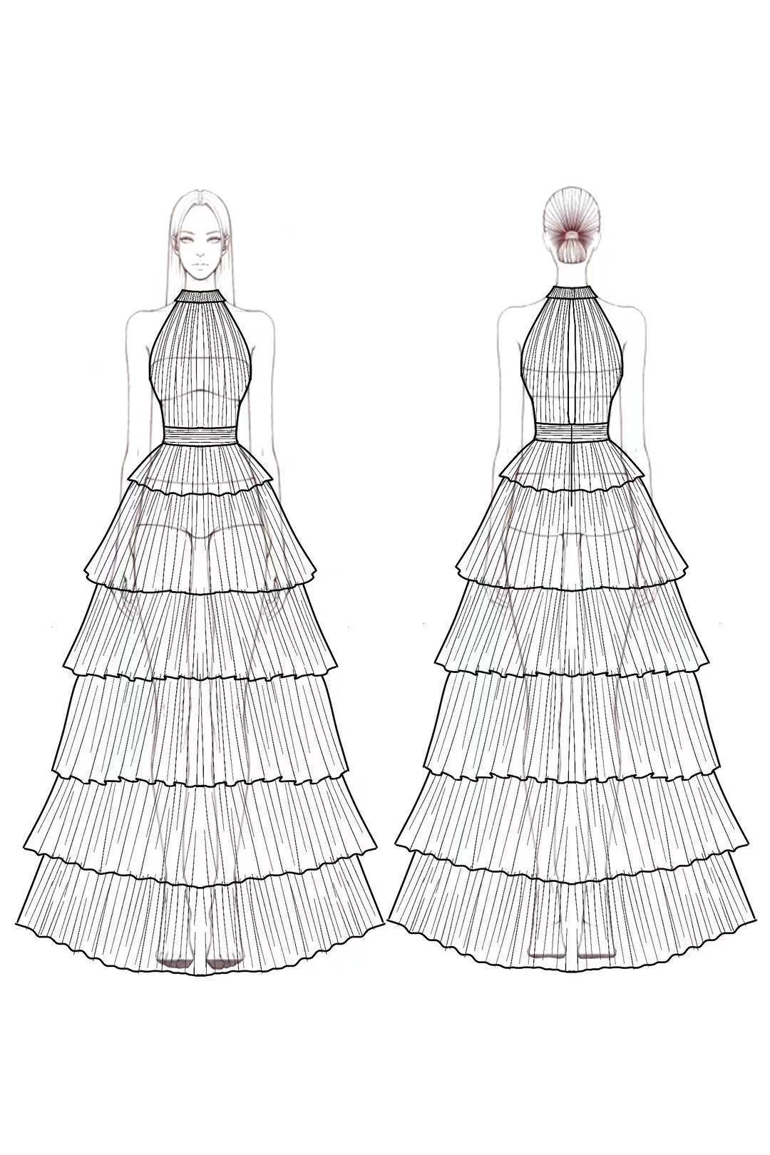Prom Dress Red Stand Collar Sleeveless Tiered Layer Dress Floor-Length Gown