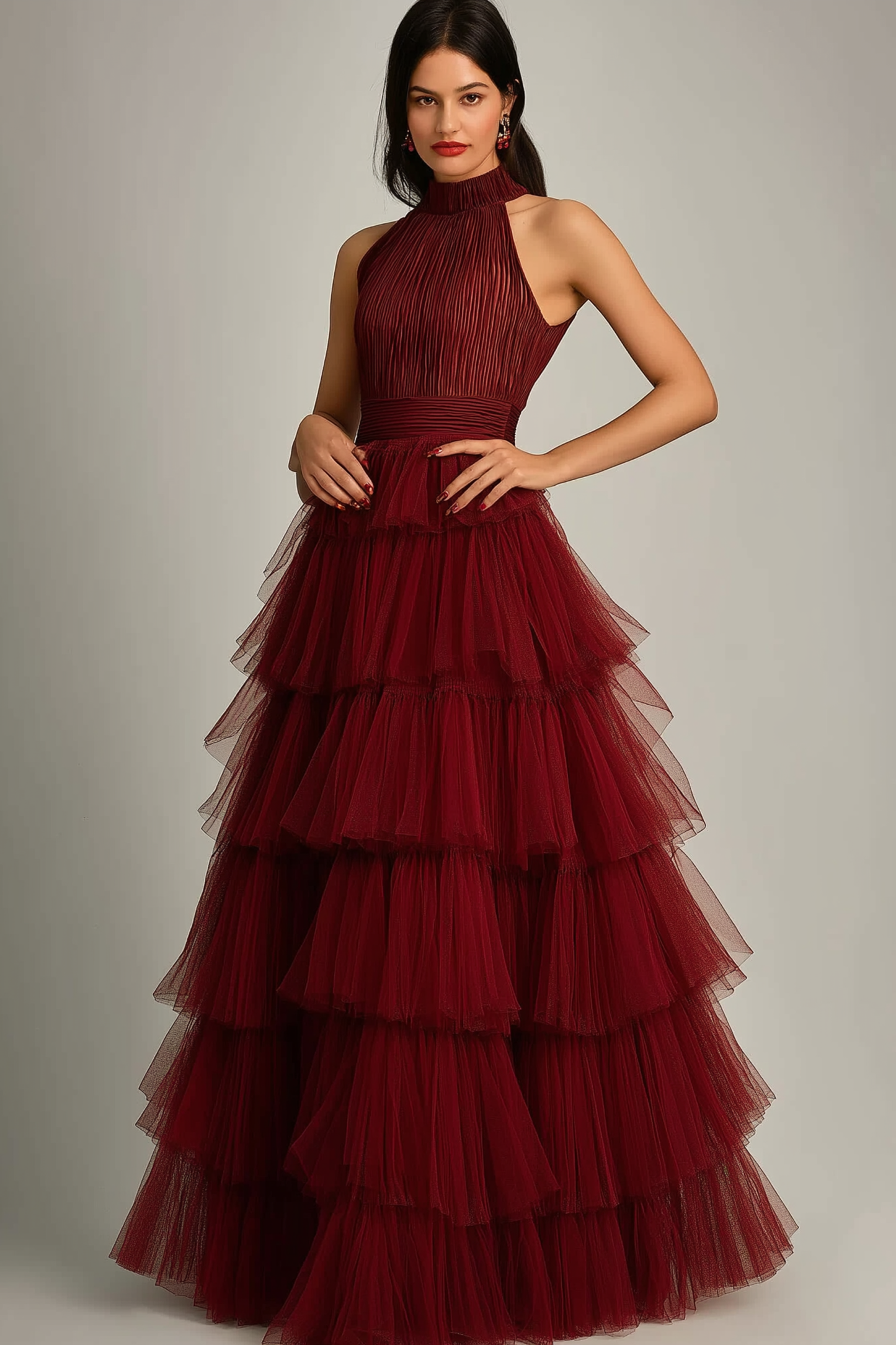 Prom Dress Red Stand Collar Sleeveless Tiered Layer Dress Floor-Length Gown