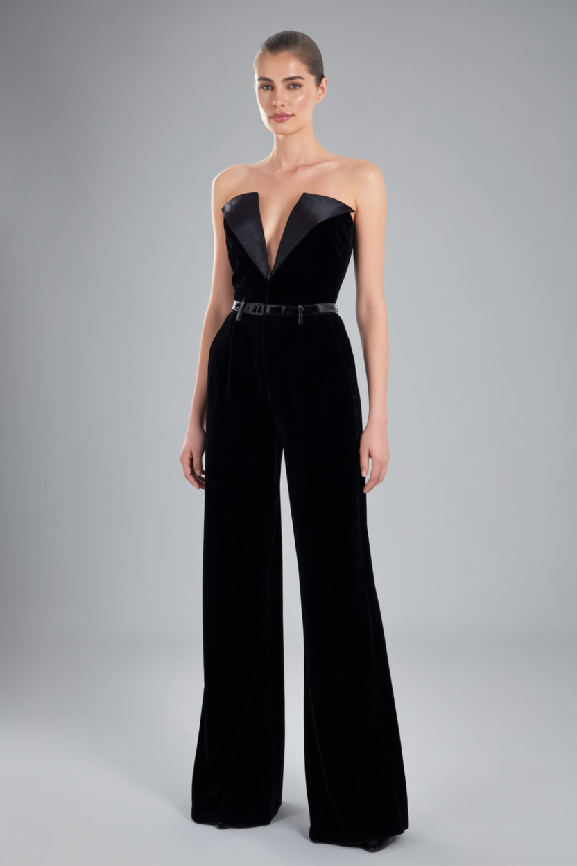 Chic Party Jumpsuit Black Deep V-Neck Strapless Straight-Leg Pants