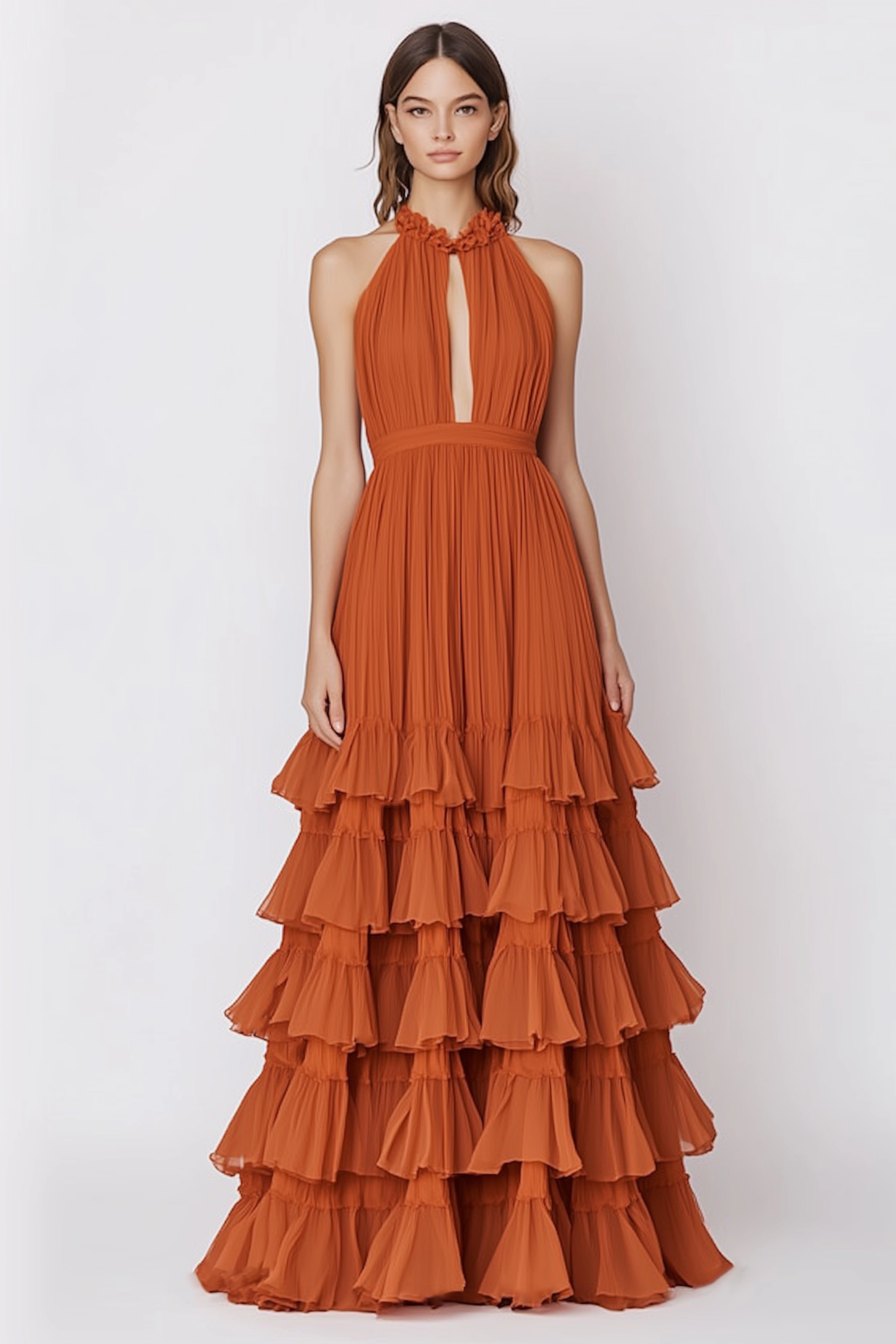 Evening Dress Orange Halter Neck Ruffle Tiered Layer Floor-Length Gown