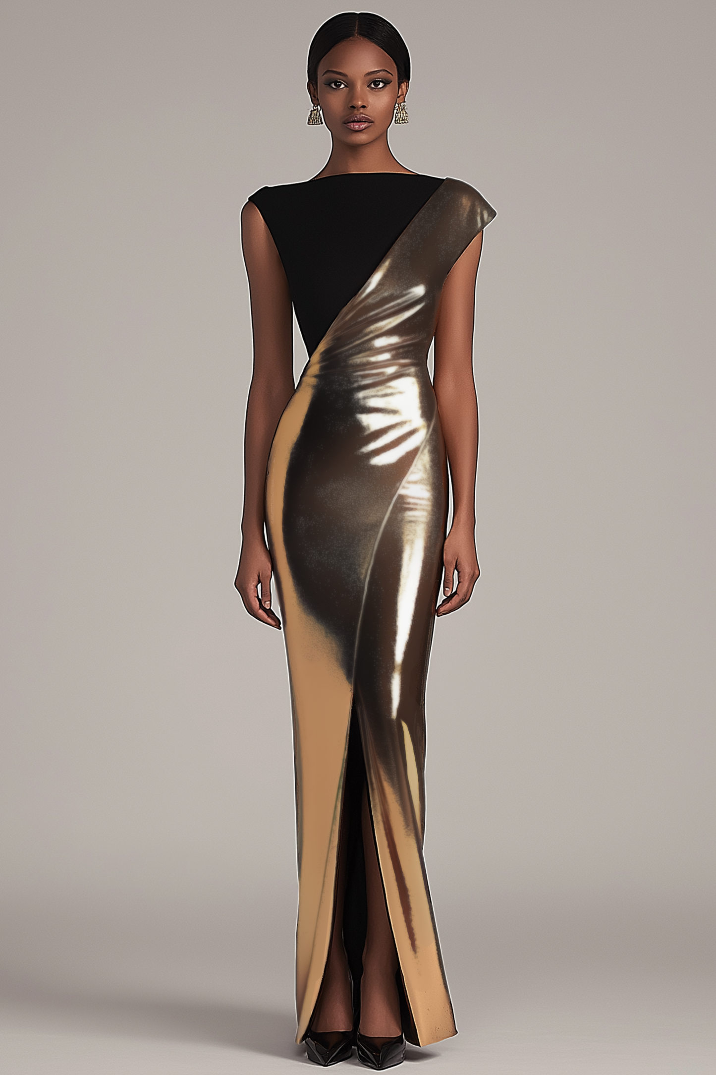 Formal Evening Dress Black Gold Metallic Sleeveless Slit Maxi Gown