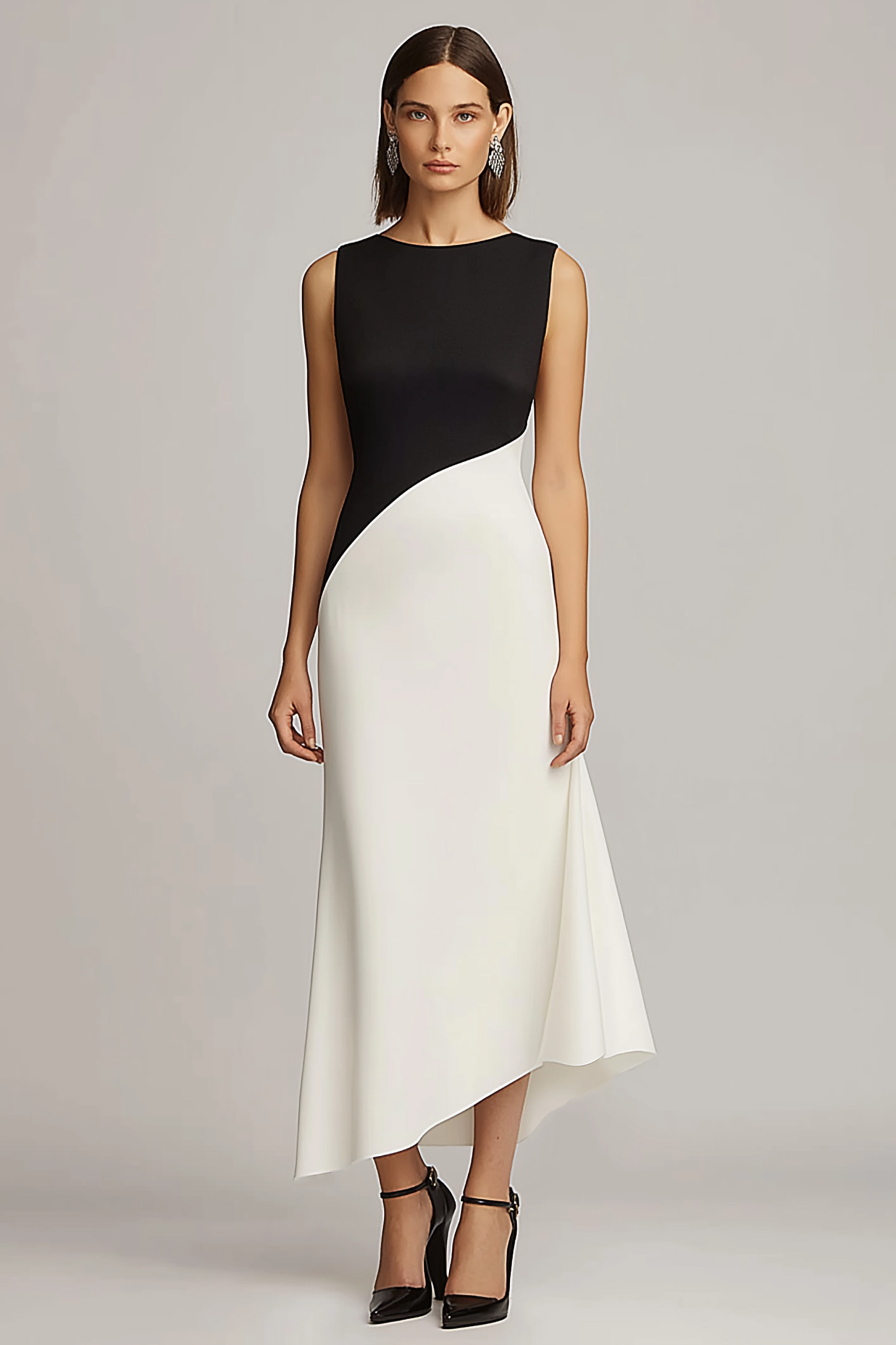 Semi-Formal Party Dress Black White Round Neck Sleeveless Maxi Dress