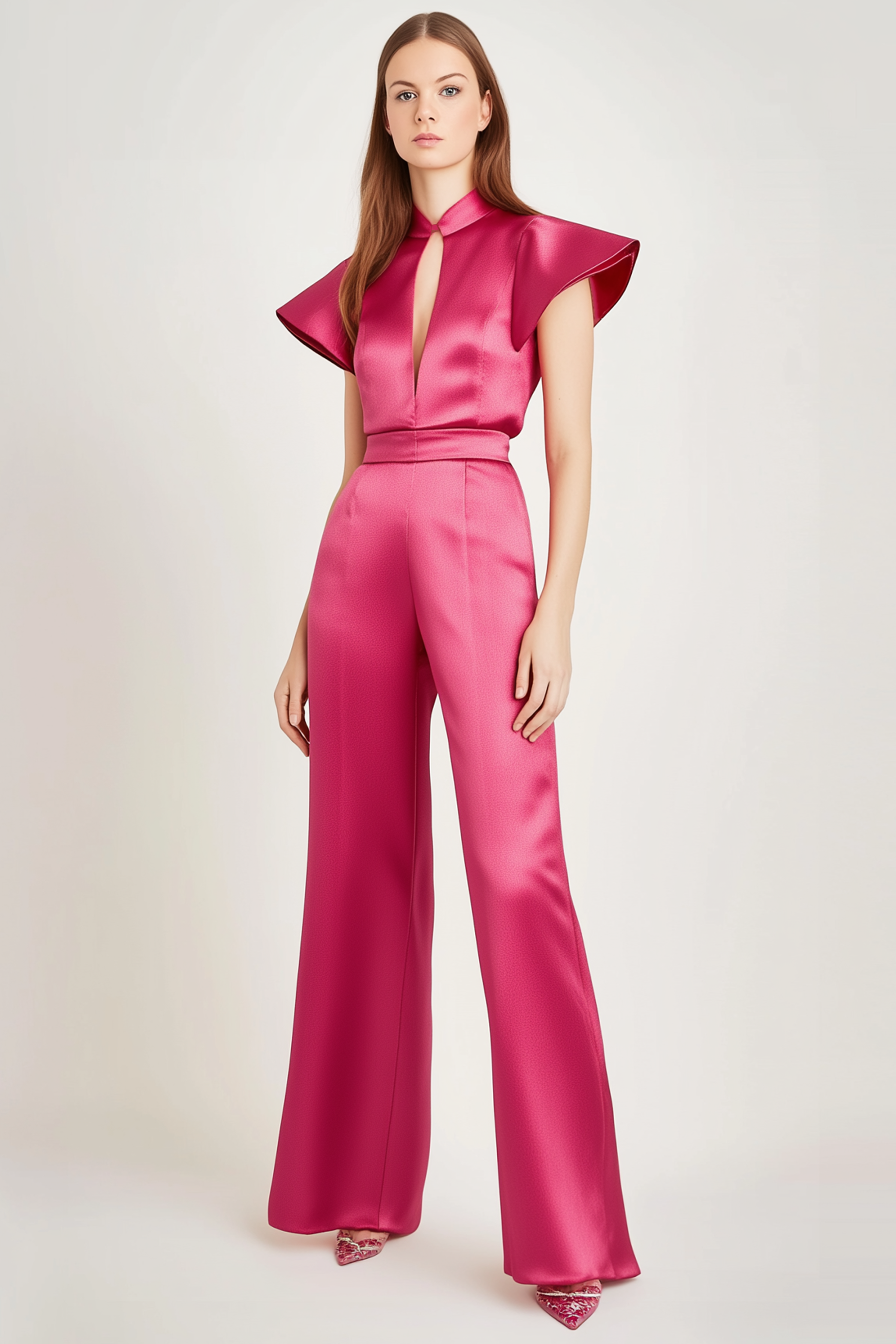 Party Satin Jumpsuit Rose Keyhole Straight-Leg Pants