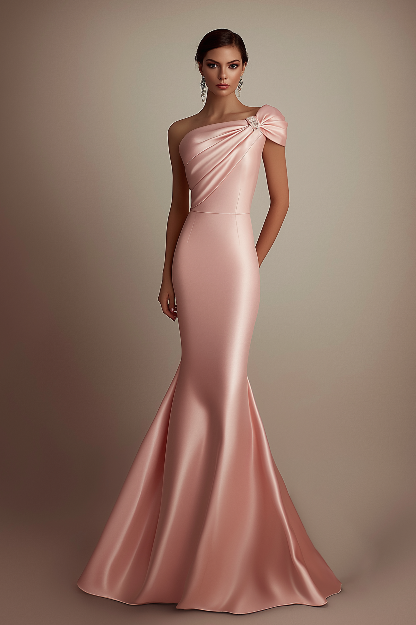 Evening Formal Satin Dress Light Pink One Shoulder Mermaid Floor-Length Gown