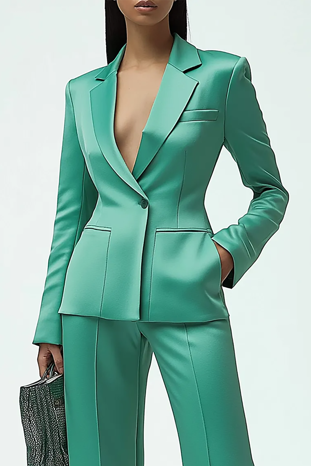 Work Formal Suit Set Green Satin Long Sleeve Pockets Pants Set
