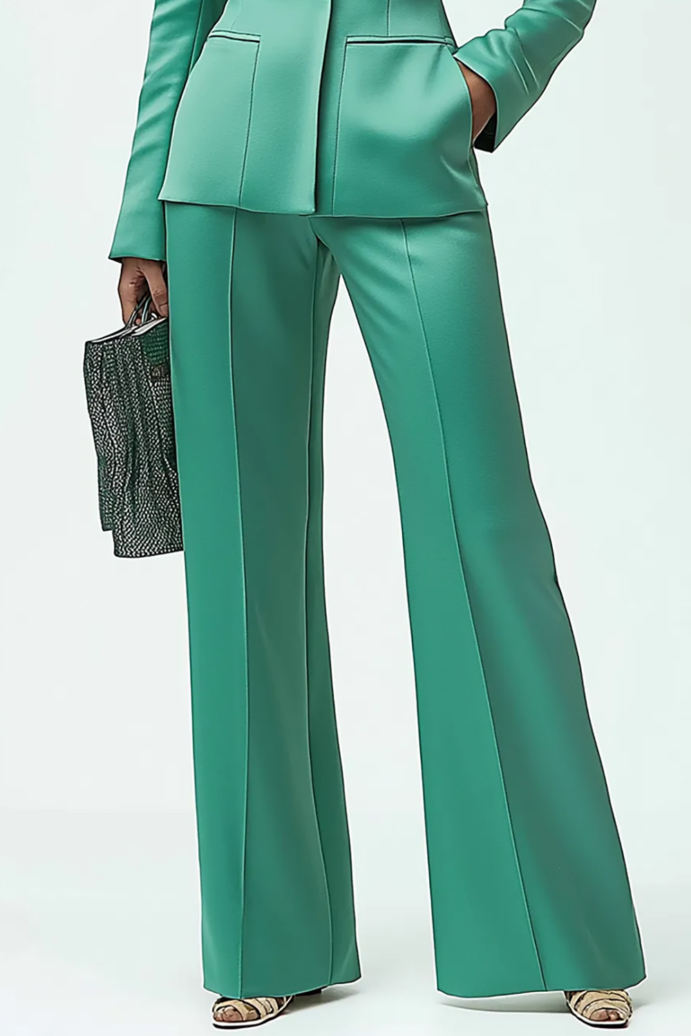 Work Formal Suit Set Green Satin Long Sleeve Pockets Pants Set