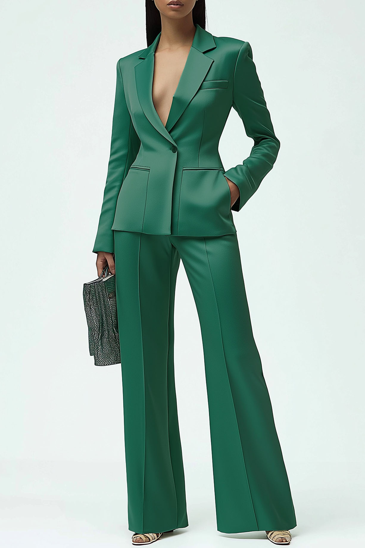 Work Formal Pants Suit Green Satin Long Sleeve Pockets Blazer Set