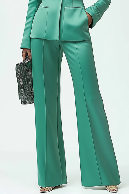 Work Formal Suit Set Green Satin Long Sleeve Pockets Pants Set