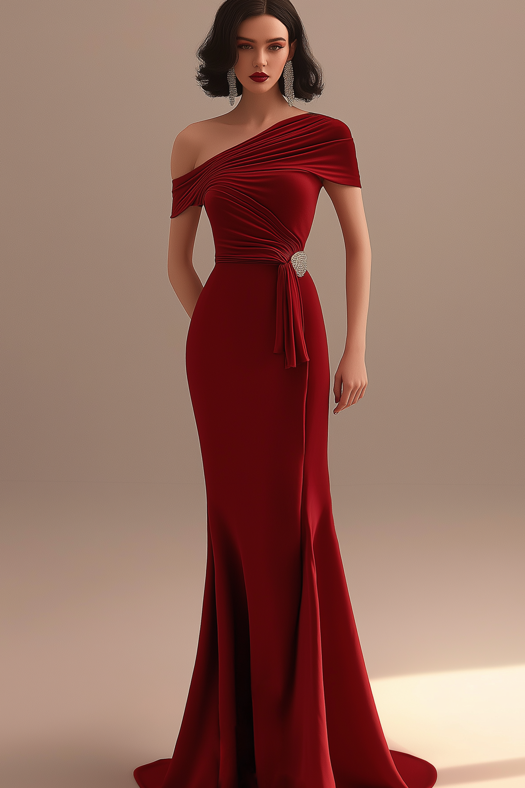 Evening Formal Dress Red One Shoulder Pleated Mermaid Floor-Length Gown