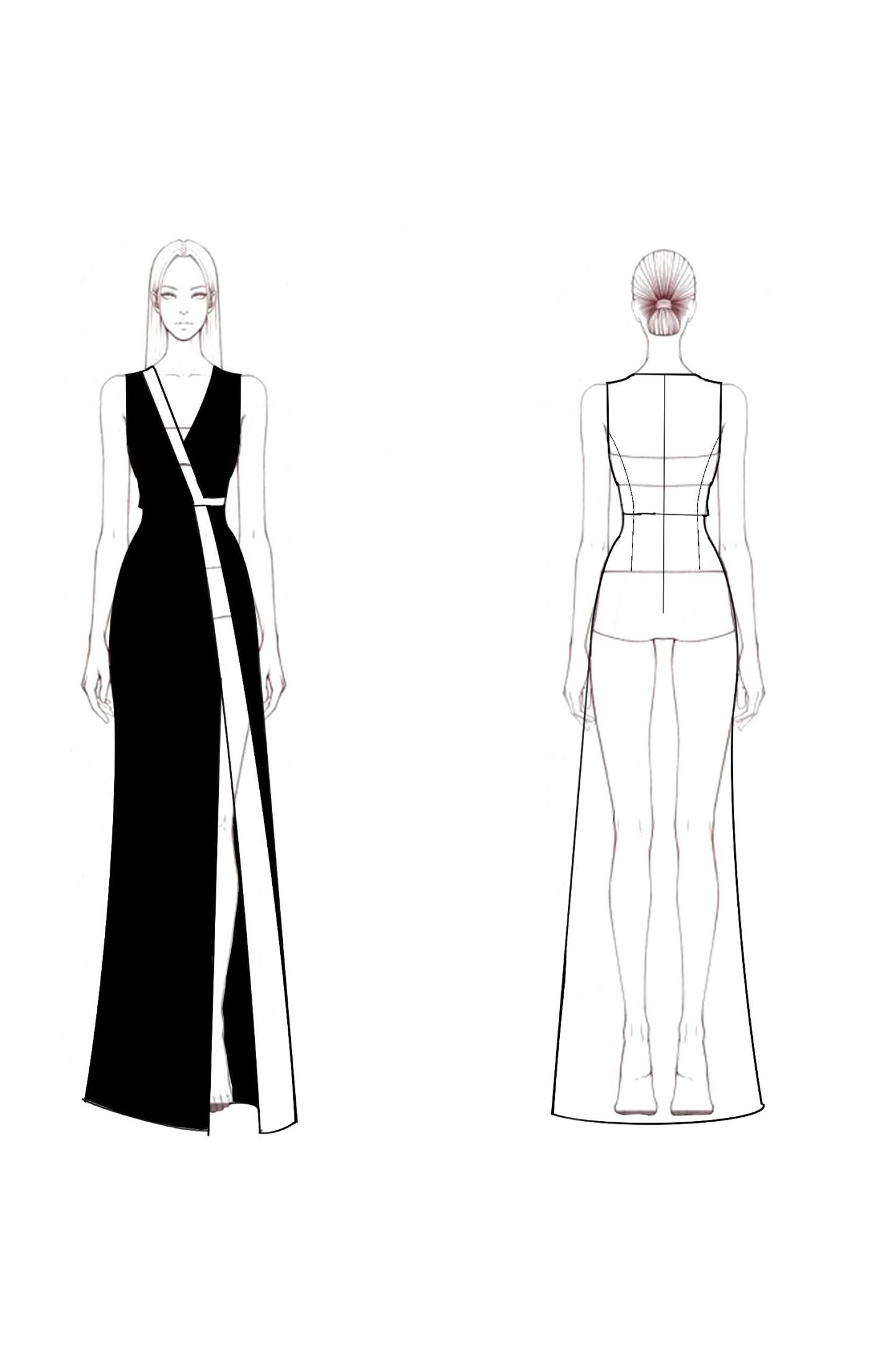 Semi-Formal Party Dress Black White Sleeveless V-Neck High Slit Floor-Length Dress