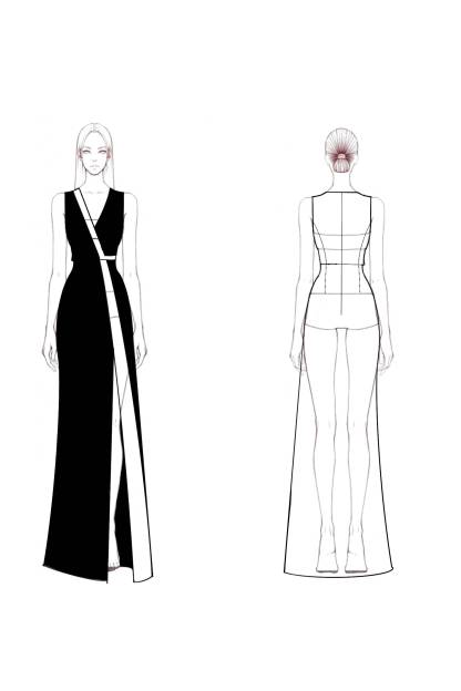 Semi-Formal Party Dress Black White Sleeveless V-Neck High Slit Floor-Length Dress