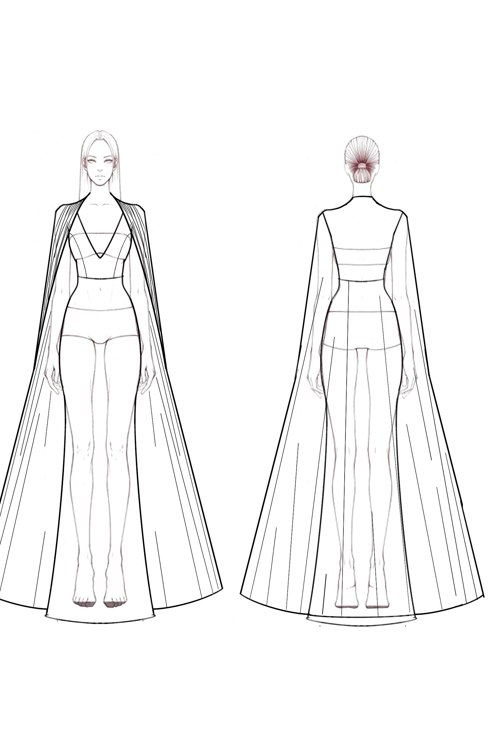 Evening Formal Dress Black White V-Neck Cape Floor-Length Gown