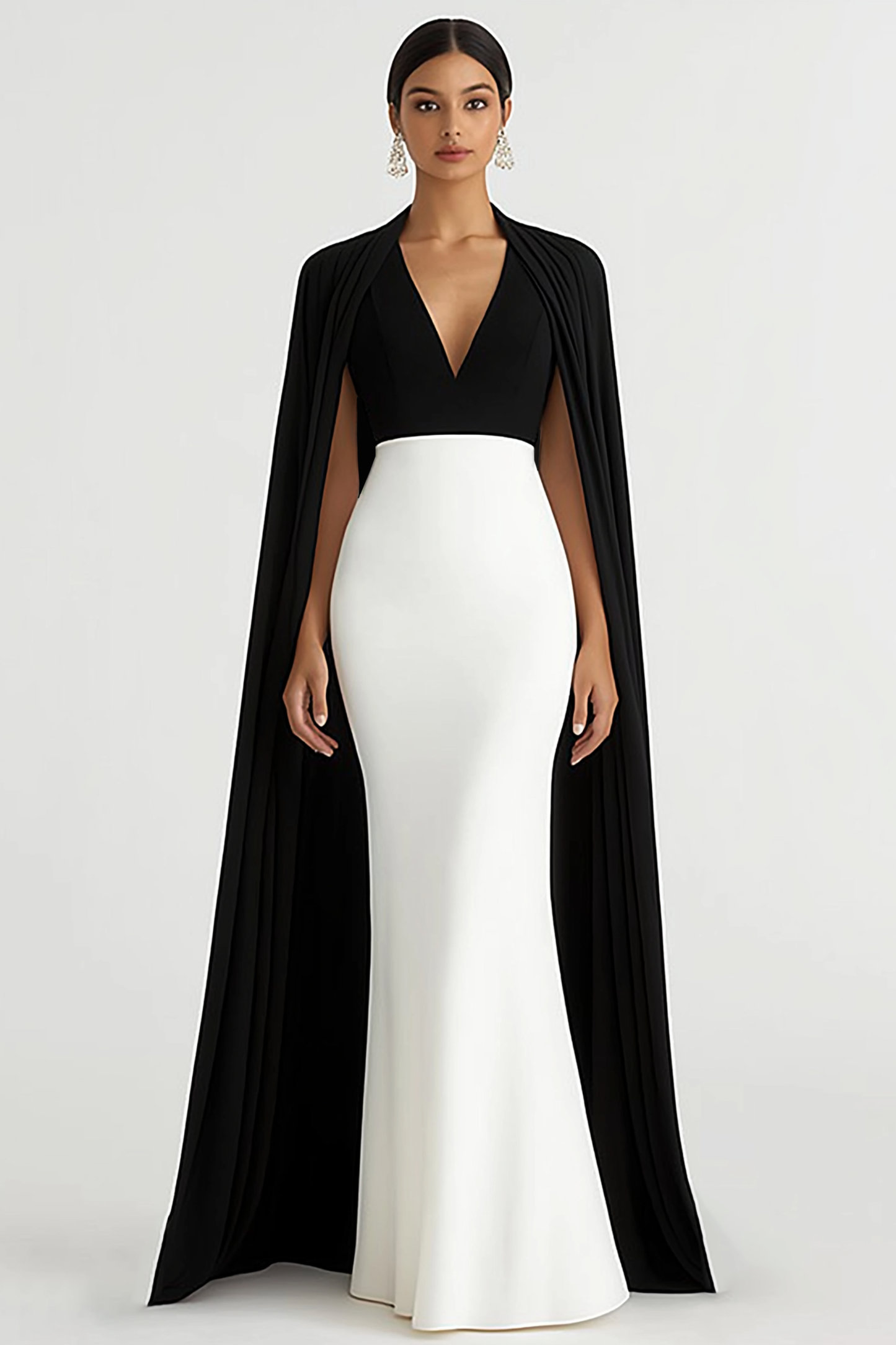 Evening Formal Dress Black White V-Neck Cape Floor-Length Gown