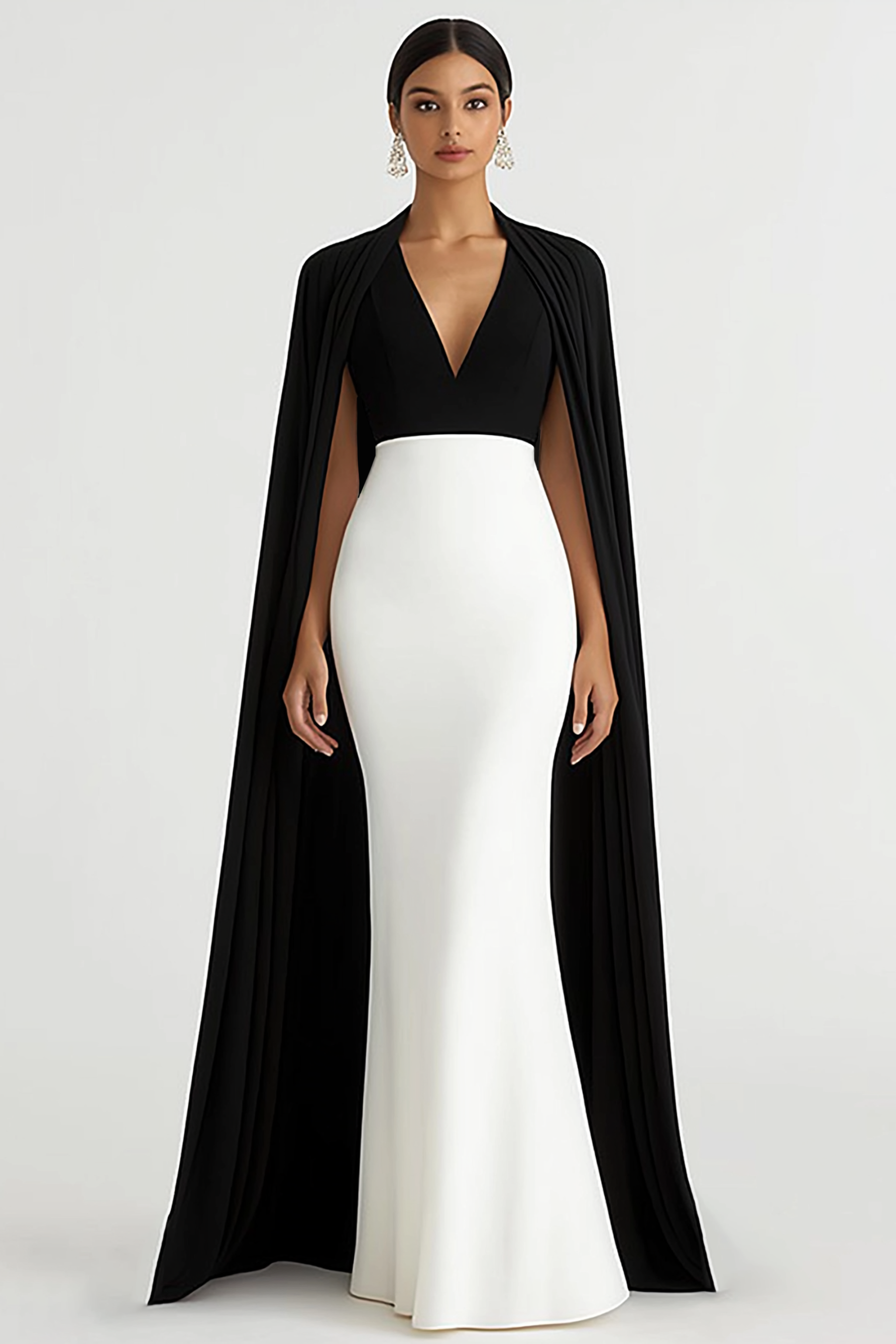 Evening Formal Dress Black White V-Neck Cape Floor-Length Gown