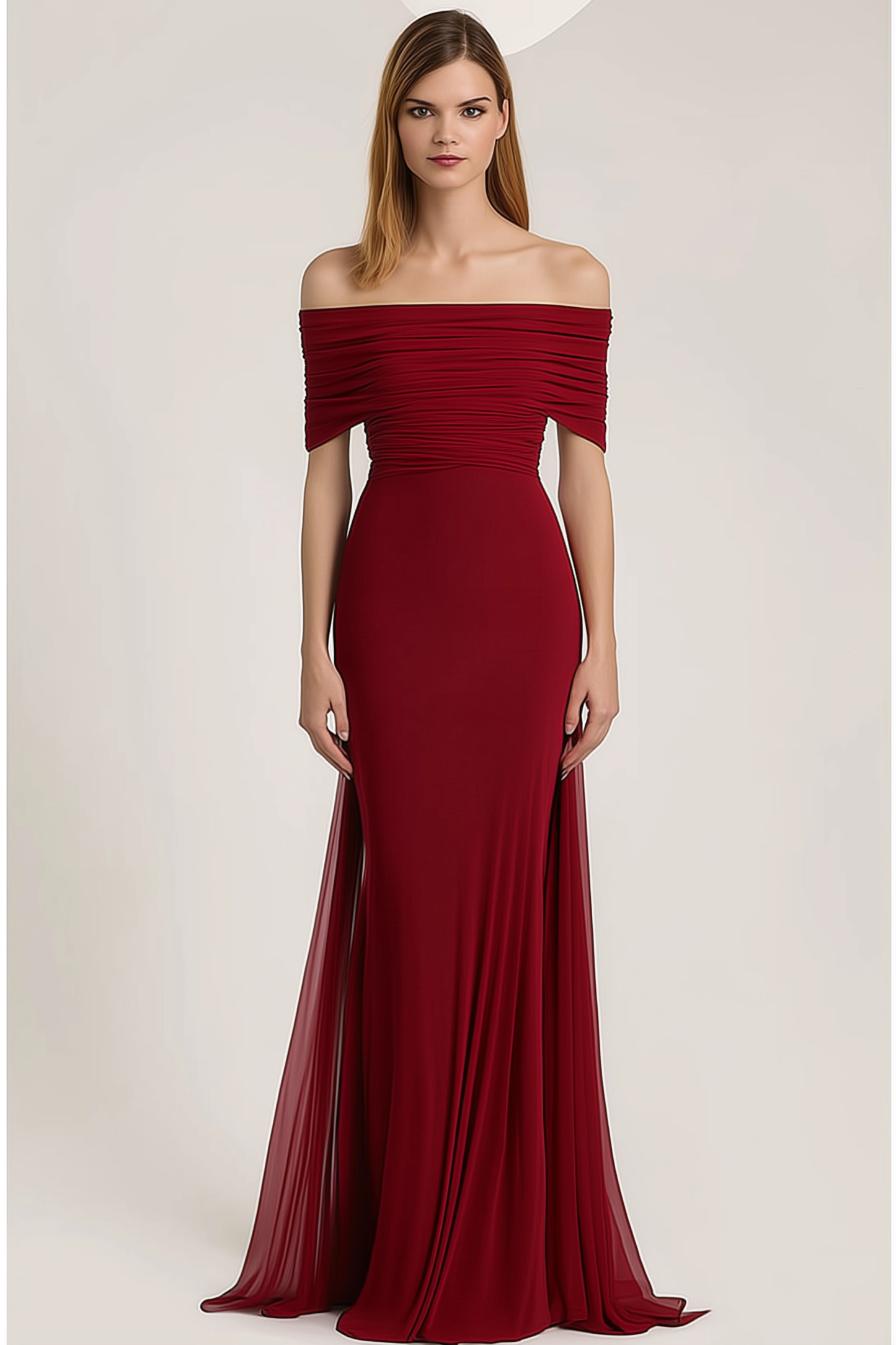 Evening Formal Dress Red Off-Shoulder Chiffon Floor-Length Gown