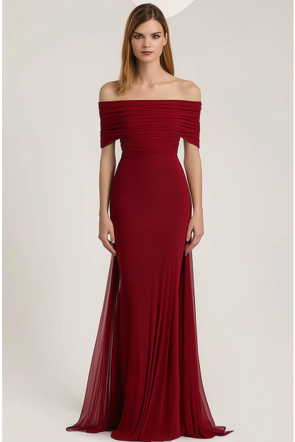 Evening Formal Dress Red Off-Shoulder Chiffon Floor-Length Gown